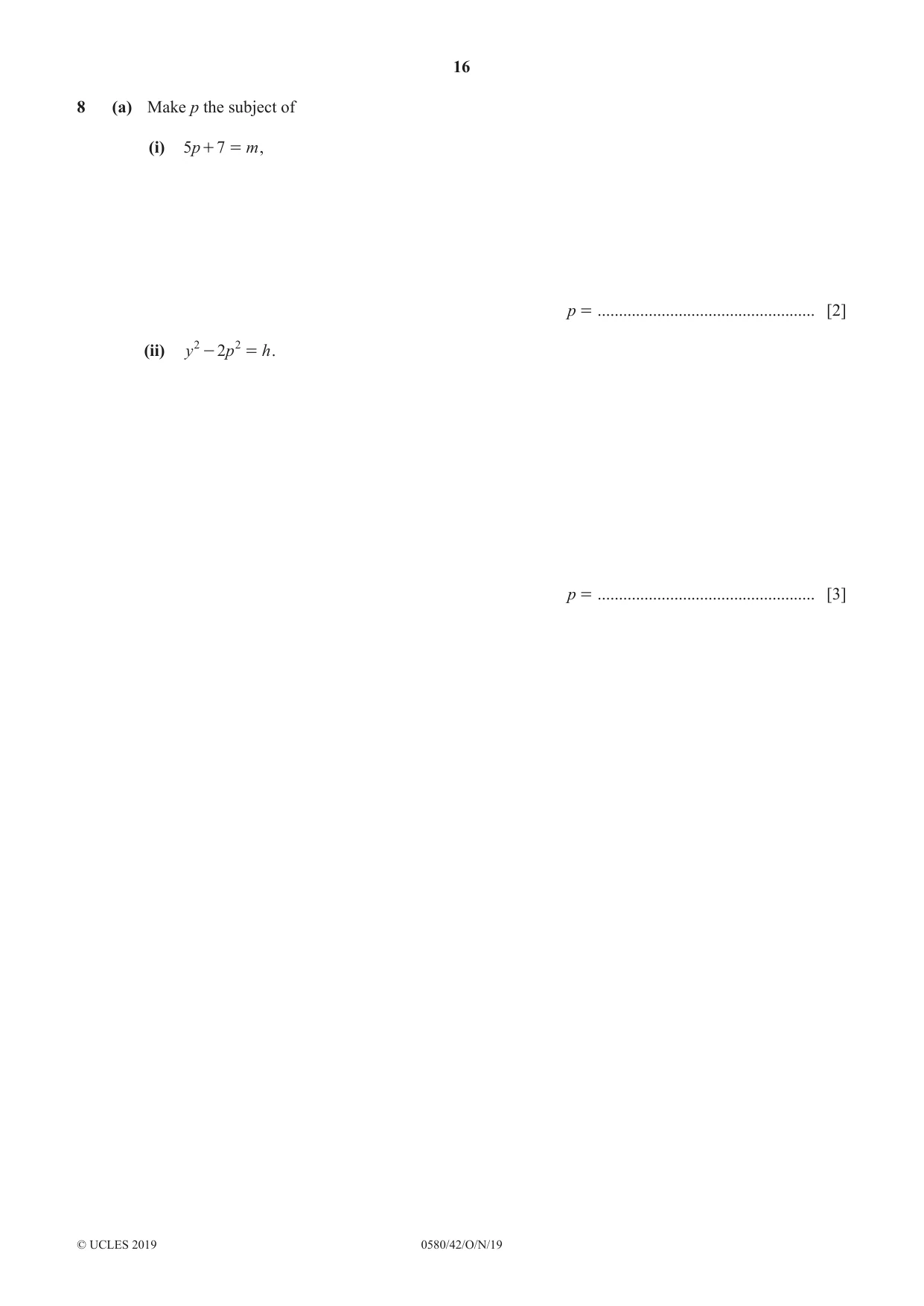 Cambridge IGCSE Mathematics 0580 2019 Oct/Nov Paper 4 · Variant 2 question paper, page 16 of 20