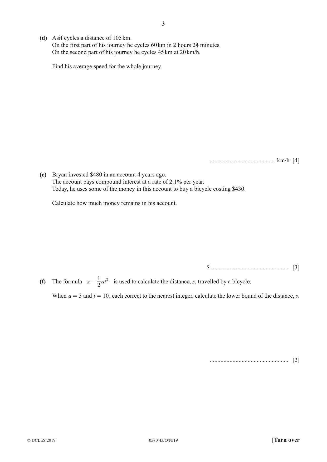 Cambridge IGCSE Mathematics 0580 2019 Oct/Nov Paper 4 · Variant 3 question paper, page 3 of 20