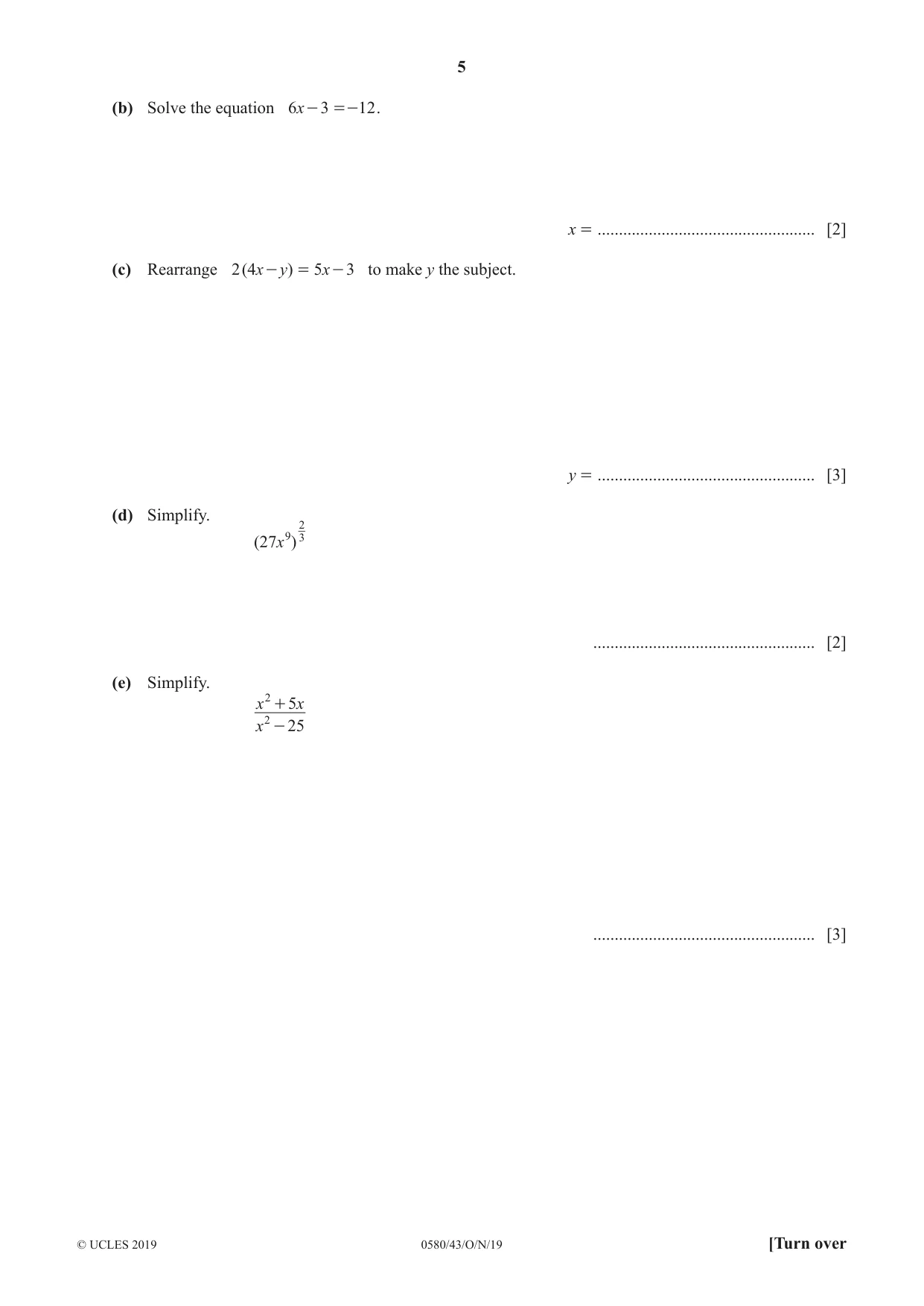 Cambridge IGCSE Mathematics 0580 2019 Oct/Nov Paper 4 · Variant 3 question paper, page 5 of 20