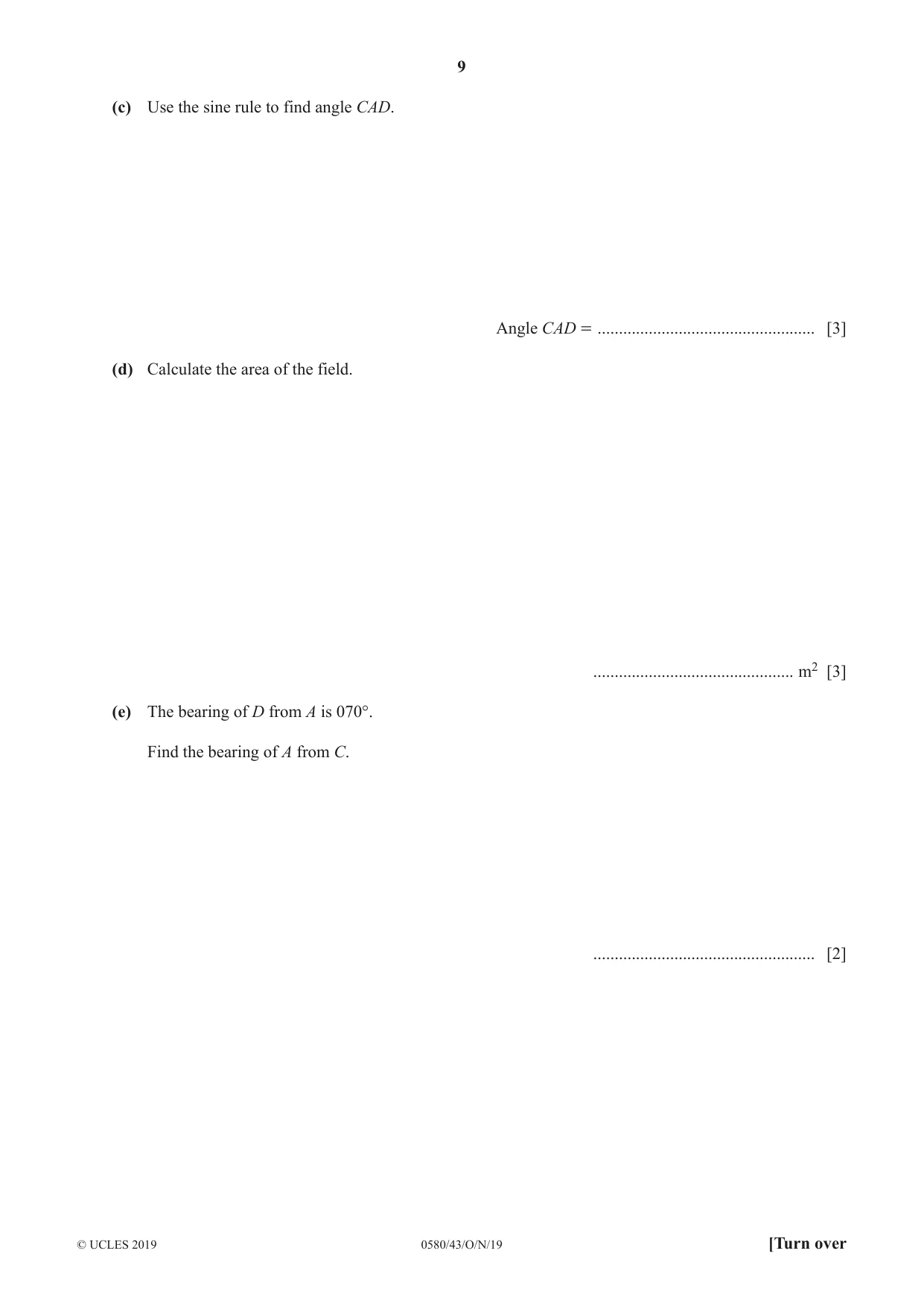 Cambridge IGCSE Mathematics 0580 2019 Oct/Nov Paper 4 · Variant 3 question paper, page 9 of 20