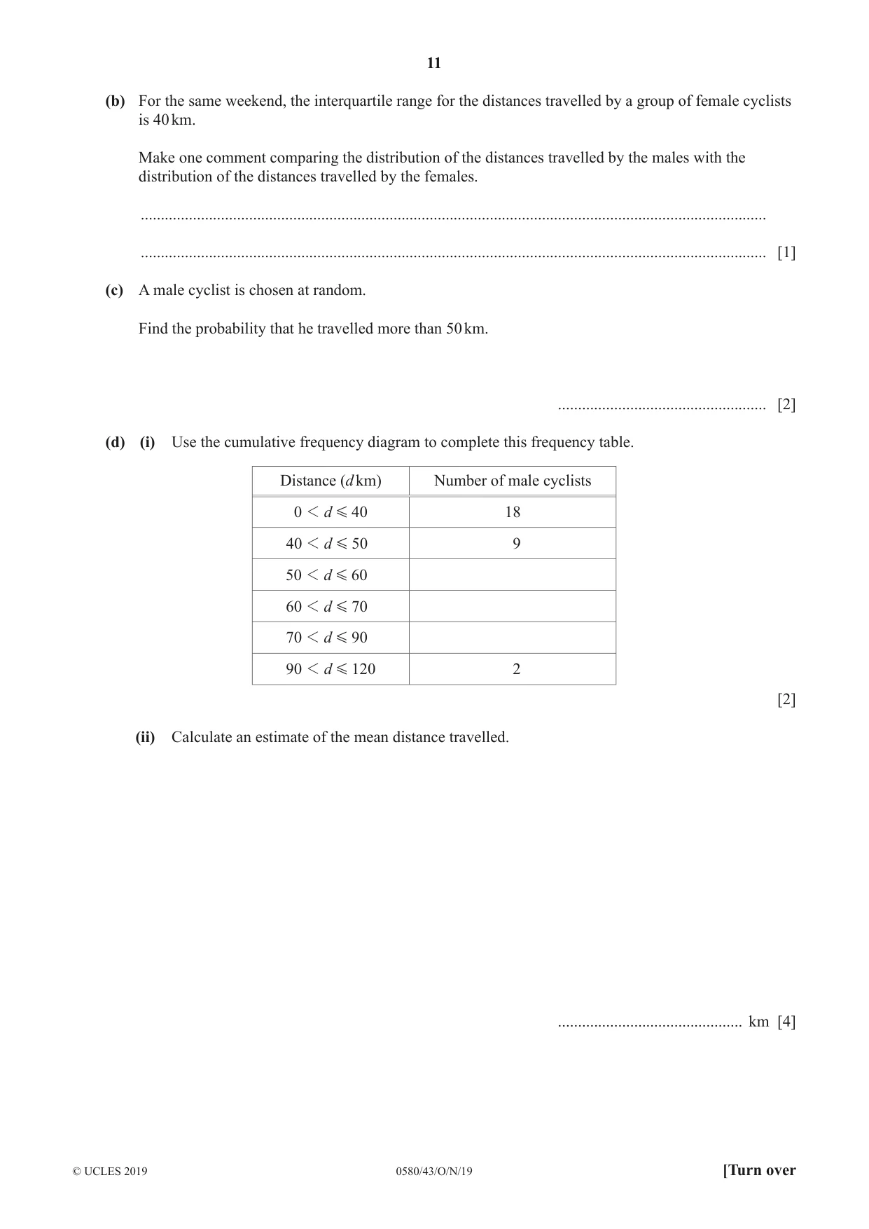 Cambridge IGCSE Mathematics 0580 2019 Oct/Nov Paper 4 · Variant 3 question paper, page 11 of 20
