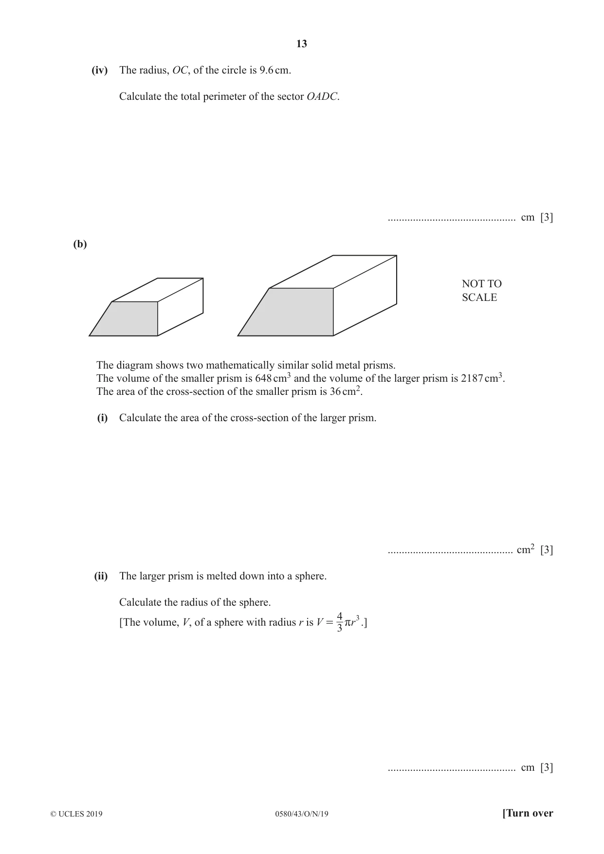 Cambridge IGCSE Mathematics 0580 2019 Oct/Nov Paper 4 · Variant 3 question paper, page 13 of 20