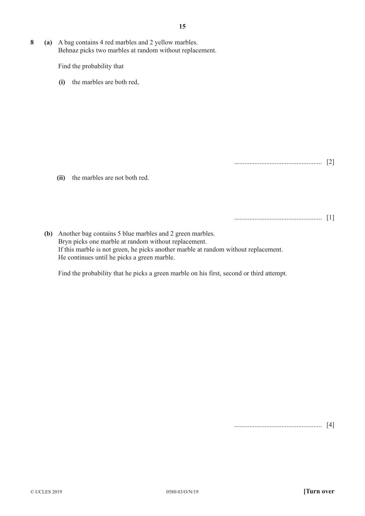 Cambridge IGCSE Mathematics 0580 2019 Oct/Nov Paper 4 · Variant 3 question paper, page 15 of 20