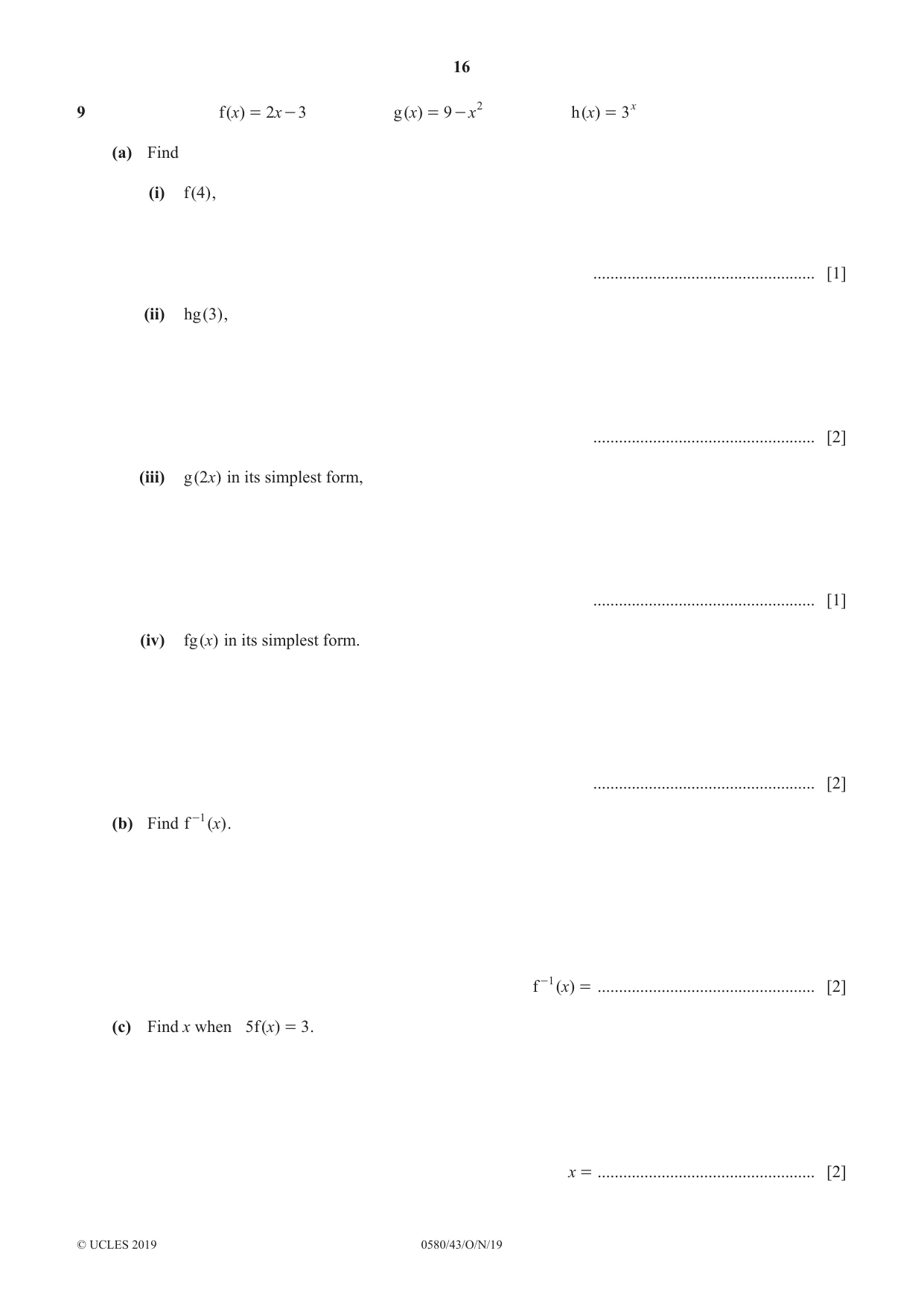 Cambridge IGCSE Mathematics 0580 2019 Oct/Nov Paper 4 · Variant 3 question paper, page 16 of 20