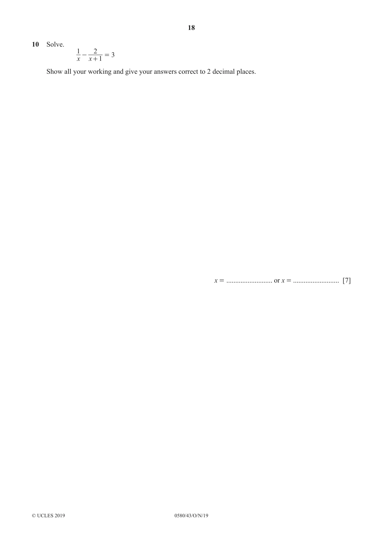 Cambridge IGCSE Mathematics 0580 2019 Oct/Nov Paper 4 · Variant 3 question paper, page 18 of 20