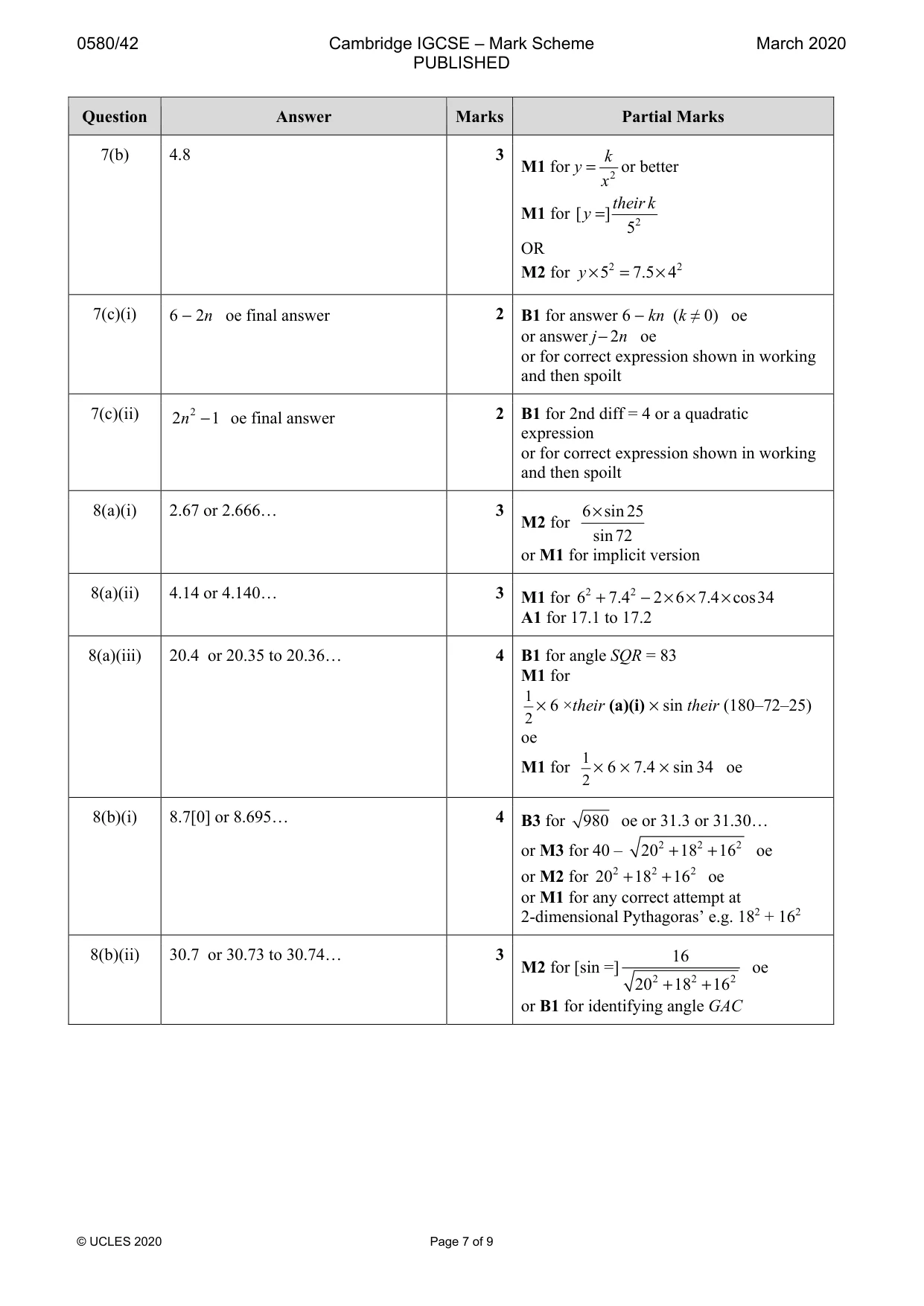 Mark scheme, page 7 of 9