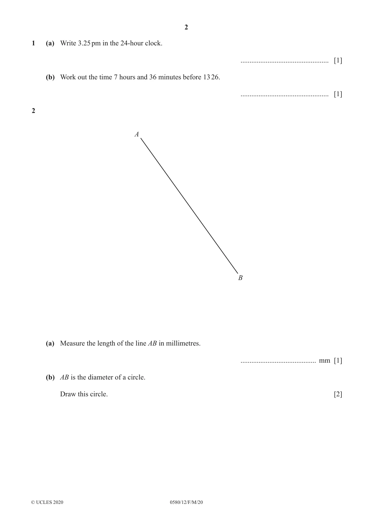 Cambridge IGCSE Mathematics 0580 2020 Feb/March Paper 1 · Variant 2 question paper, page 2 of 12