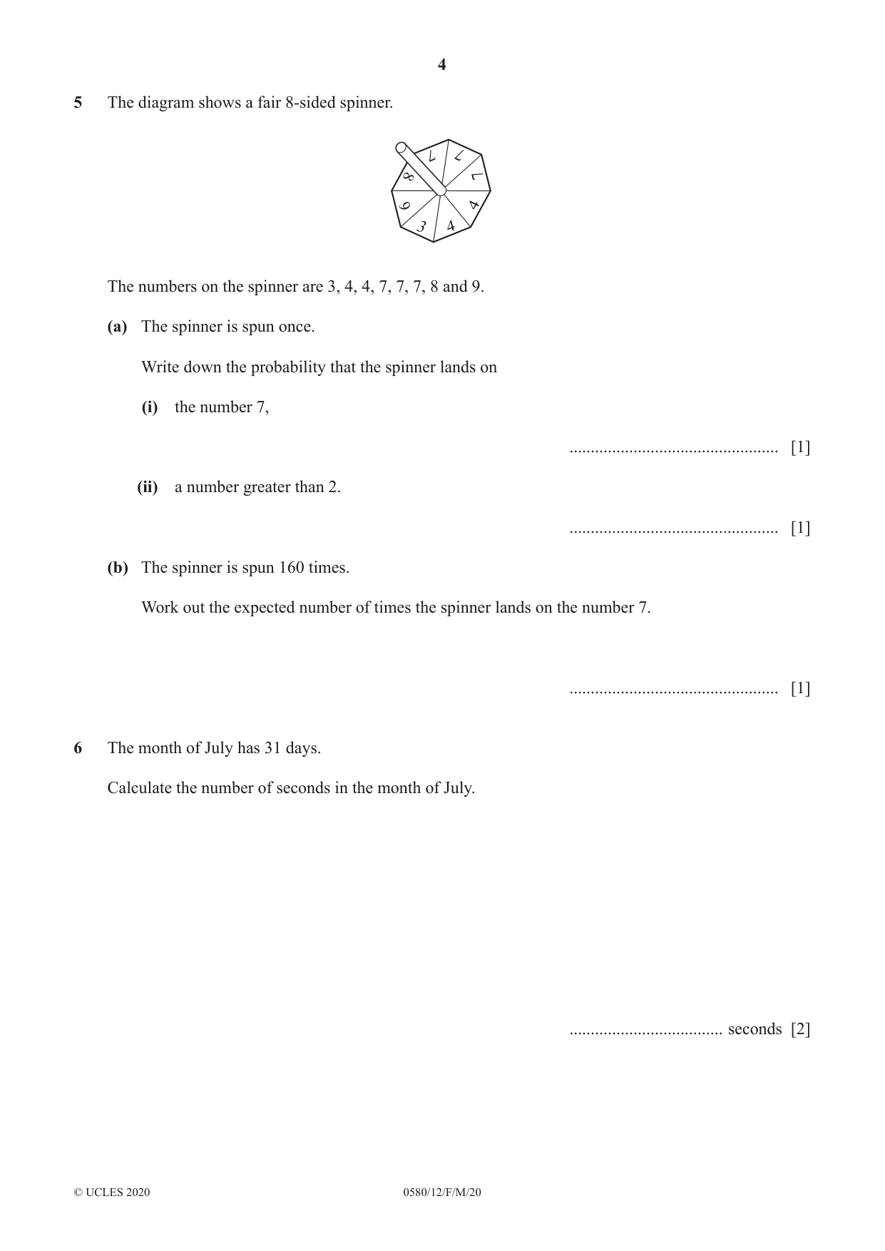 Cambridge IGCSE Mathematics 0580 2020 Feb/March Paper 1 · Variant 2 question paper, page 4 of 12