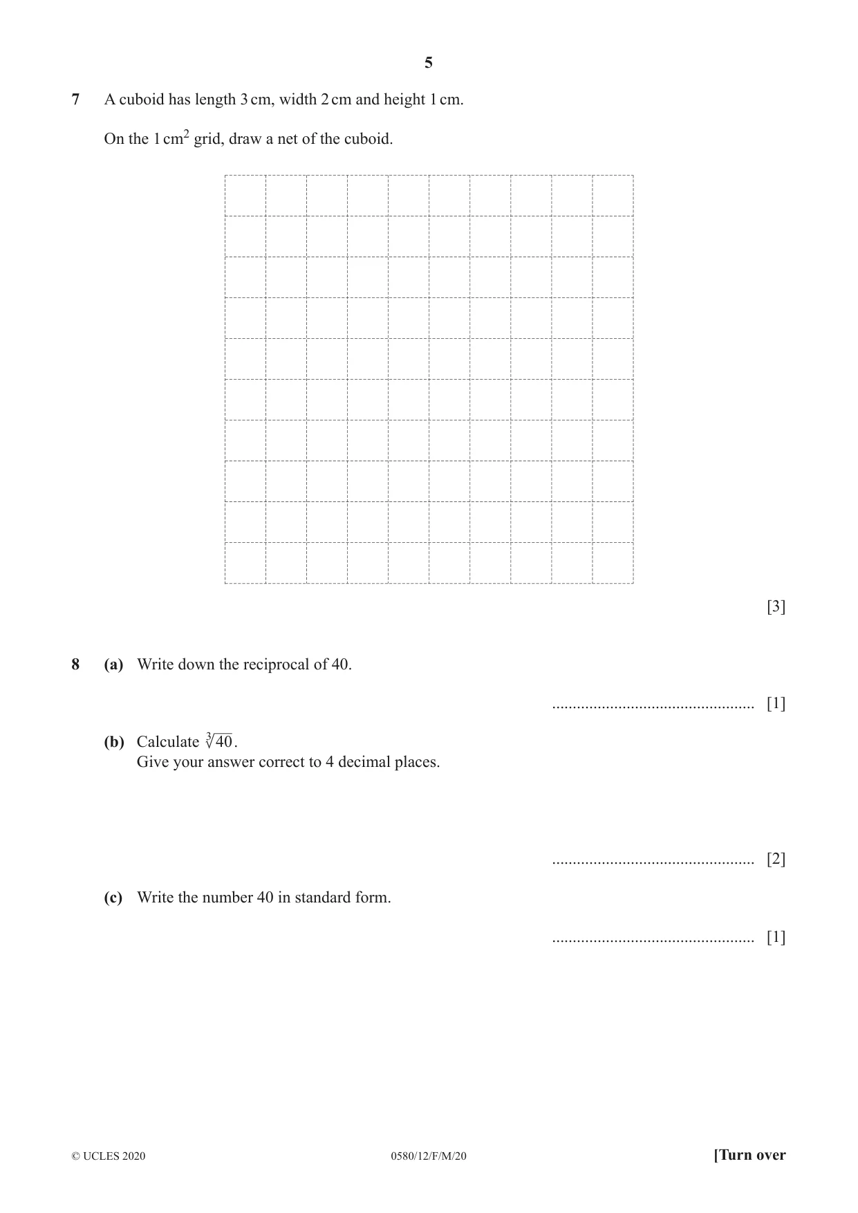 Cambridge IGCSE Mathematics 0580 2020 Feb/March Paper 1 · Variant 2 question paper, page 5 of 12