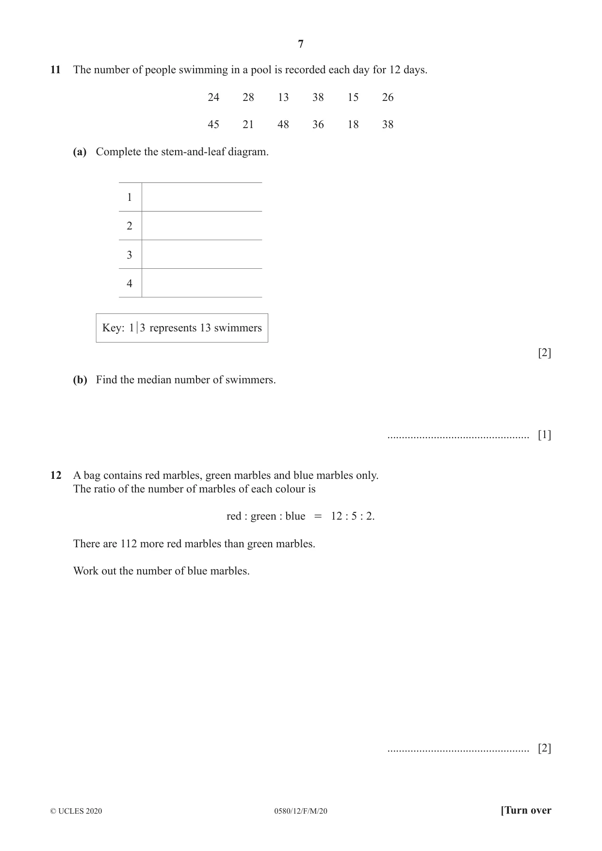 Cambridge IGCSE Mathematics 0580 2020 Feb/March Paper 1 · Variant 2 question paper, page 7 of 12