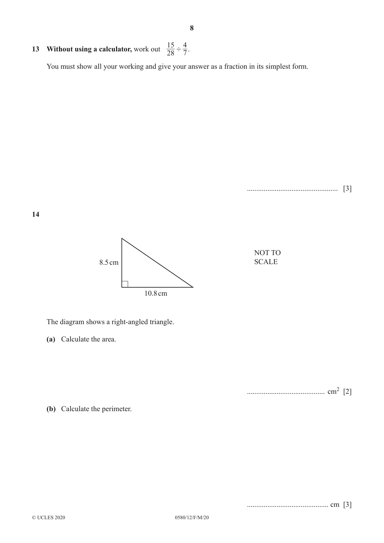 Cambridge IGCSE Mathematics 0580 2020 Feb/March Paper 1 · Variant 2 question paper, page 8 of 12