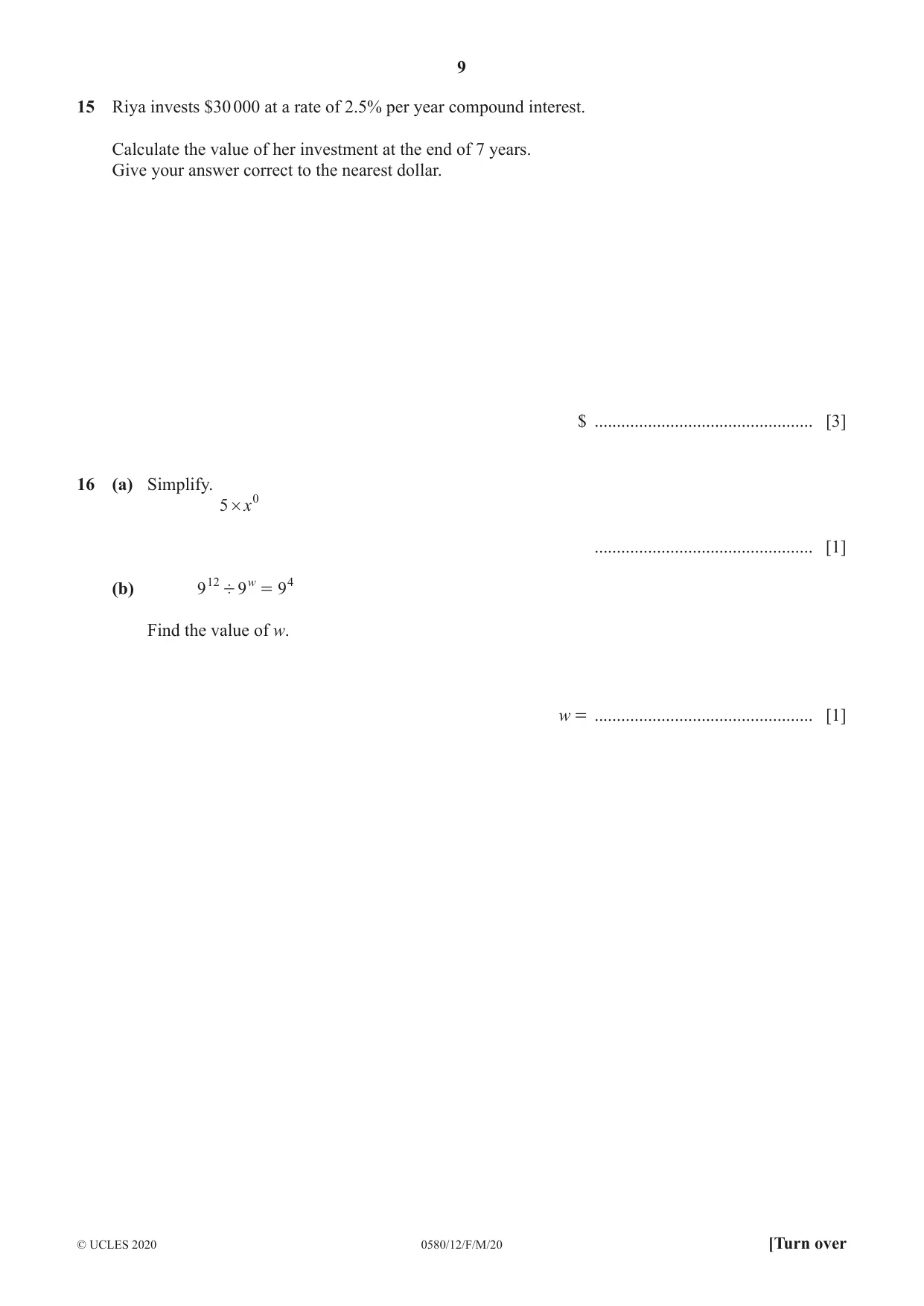 Cambridge IGCSE Mathematics 0580 2020 Feb/March Paper 1 · Variant 2 question paper, page 9 of 12