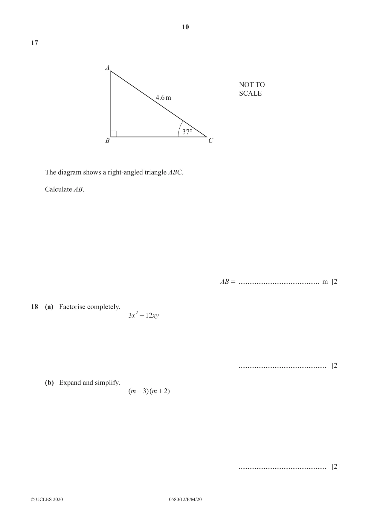 Cambridge IGCSE Mathematics 0580 2020 Feb/March Paper 1 · Variant 2 question paper, page 10 of 12