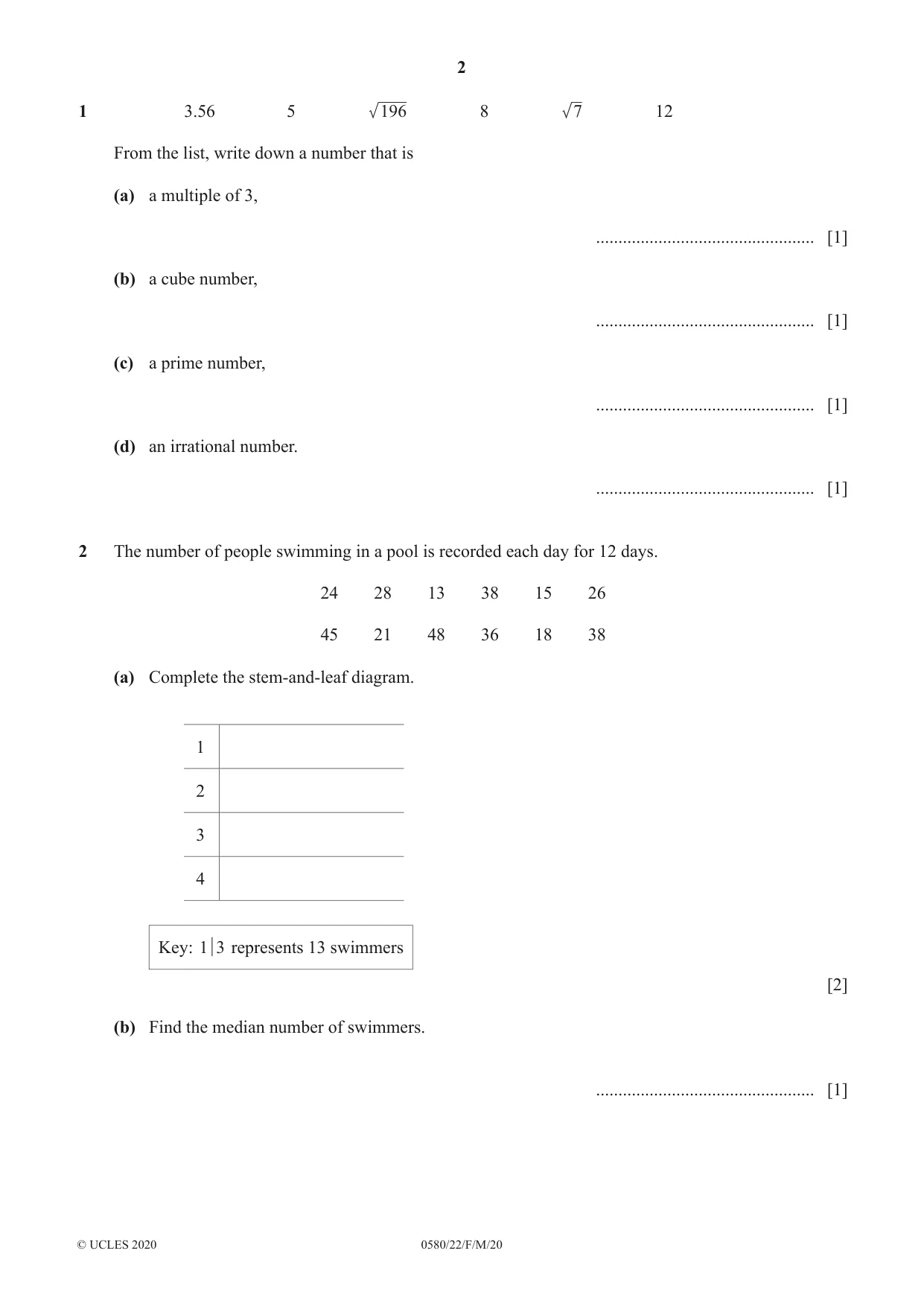 Cambridge IGCSE Mathematics 0580 2020 Feb/March Paper 2 · Variant 2 question paper, page 2 of 12