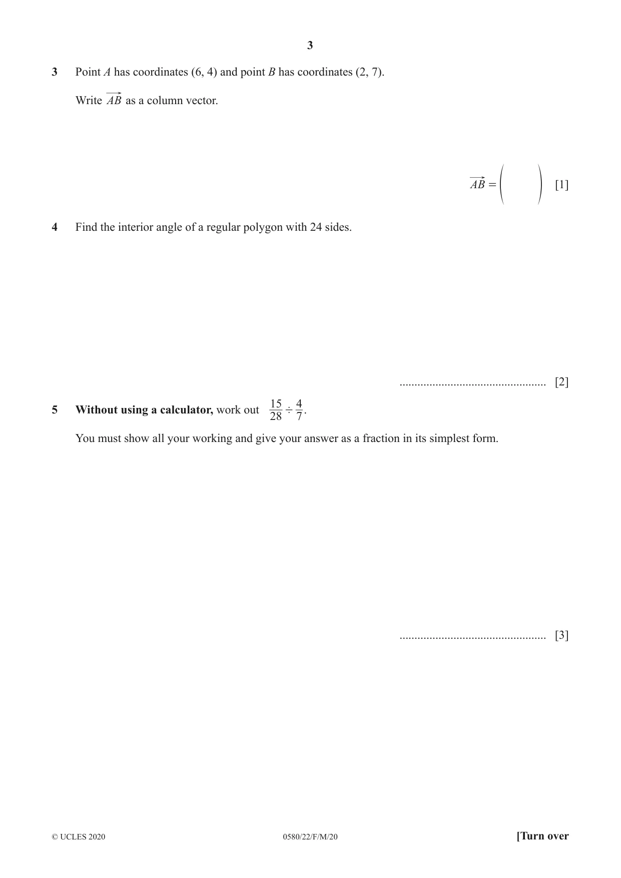 Cambridge IGCSE Mathematics 0580 2020 Feb/March Paper 2 · Variant 2 question paper, page 3 of 12