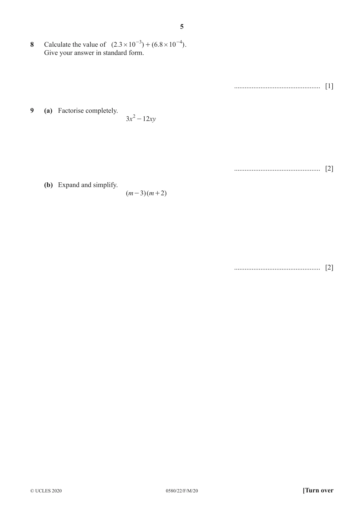 Cambridge IGCSE Mathematics 0580 2020 Feb/March Paper 2 · Variant 2 question paper, page 5 of 12
