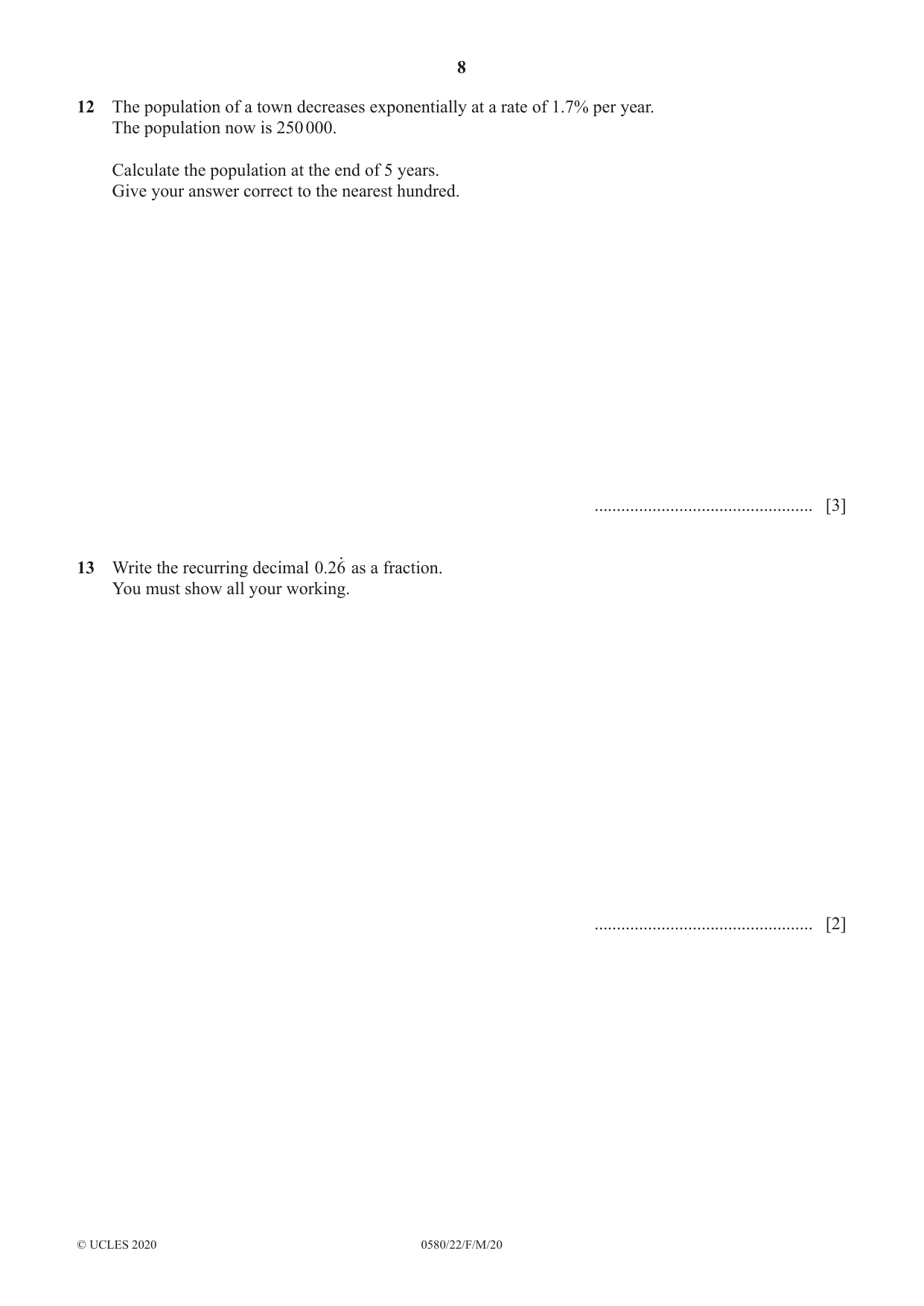 Cambridge IGCSE Mathematics 0580 2020 Feb/March Paper 2 · Variant 2 question paper, page 8 of 12