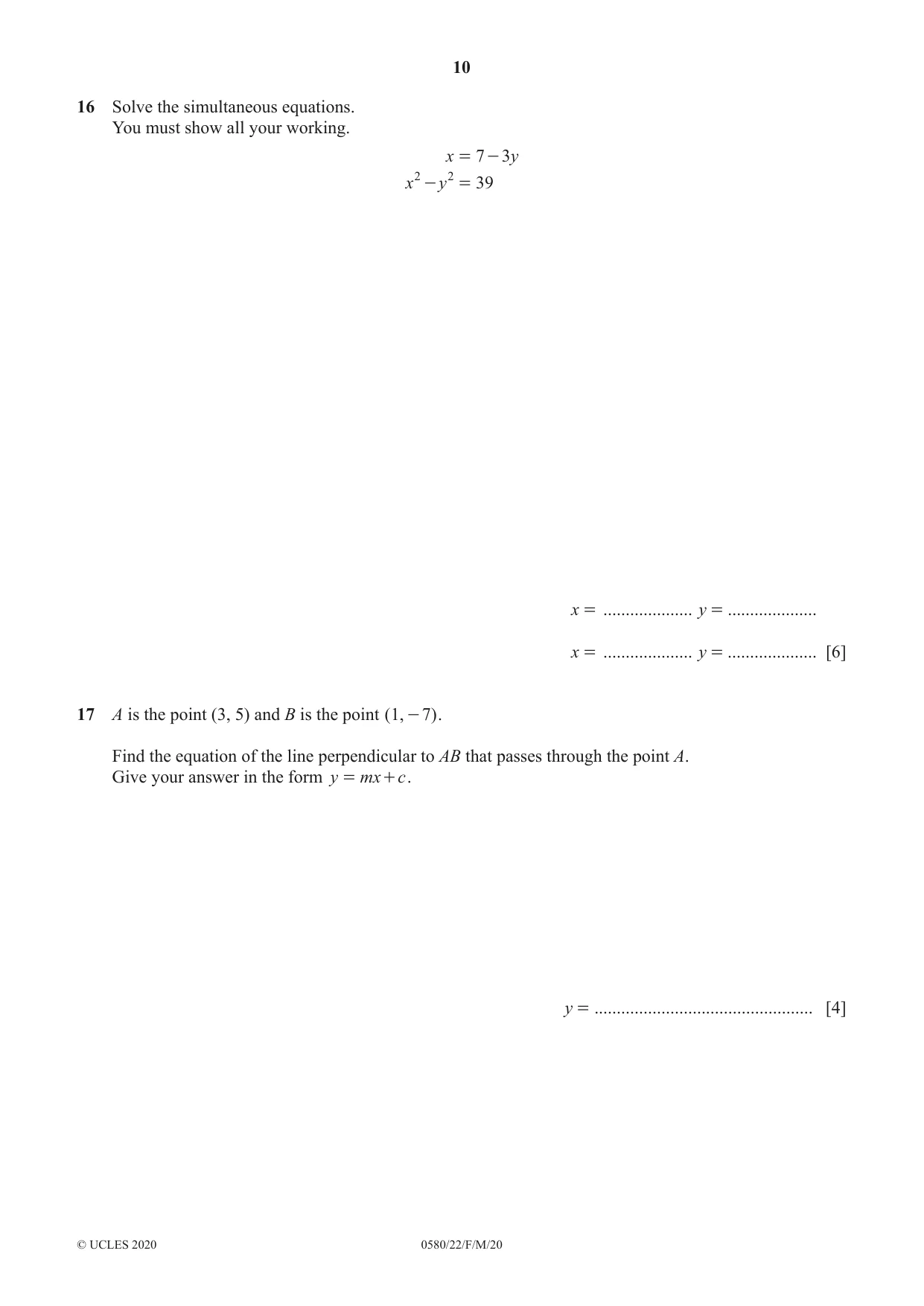 Cambridge IGCSE Mathematics 0580 2020 Feb/March Paper 2 · Variant 2 question paper, page 10 of 12