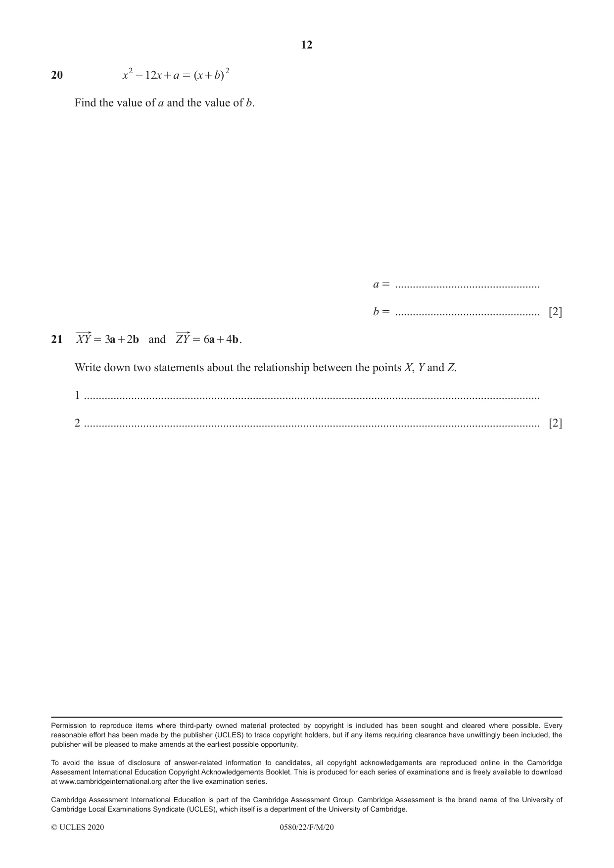 Cambridge IGCSE Mathematics 0580 2020 Feb/March Paper 2 · Variant 2 question paper, page 12 of 12