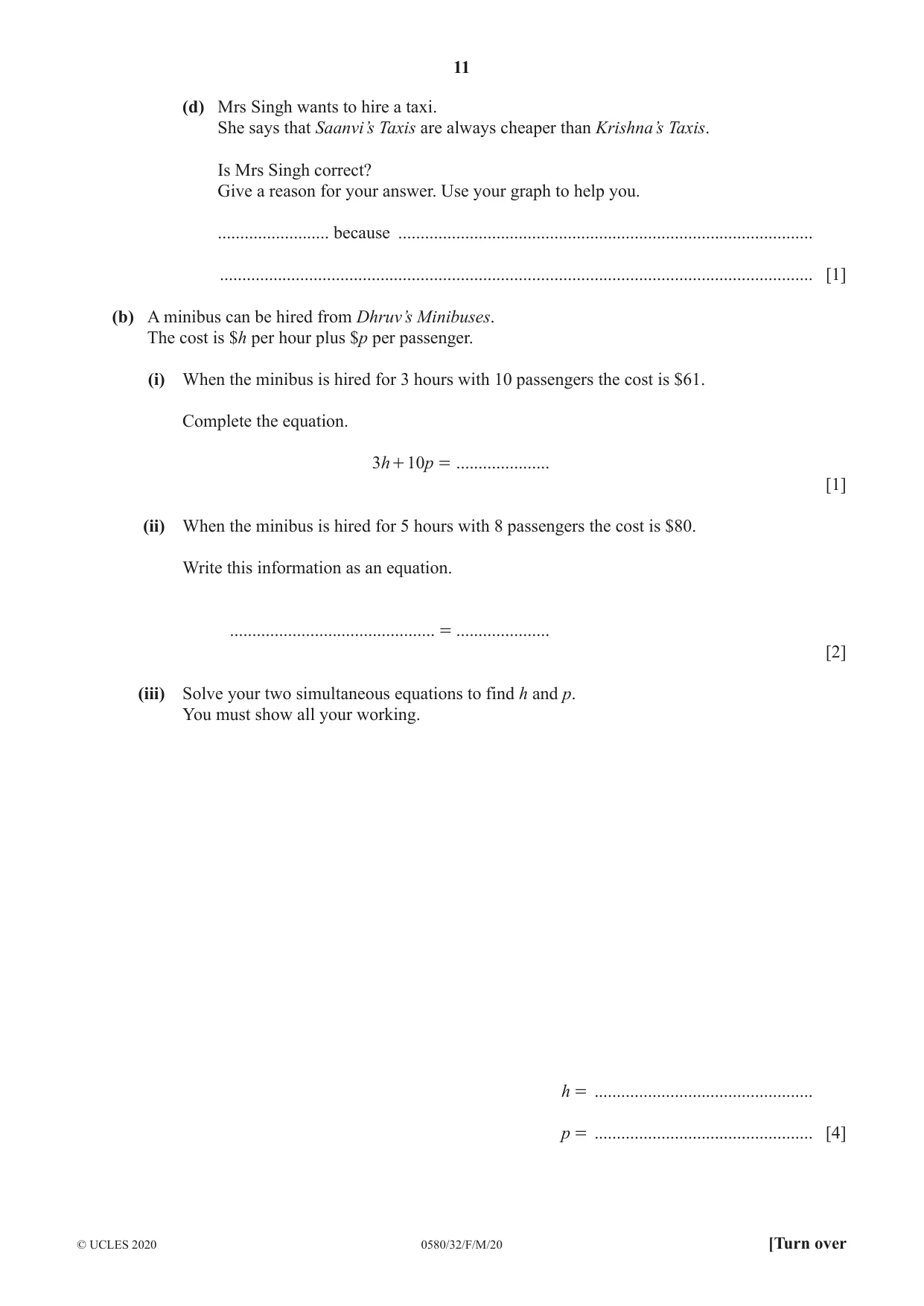 Cambridge IGCSE Mathematics 0580 2020 Feb/March Paper 3 · Variant 2 question paper, page 11 of 20
