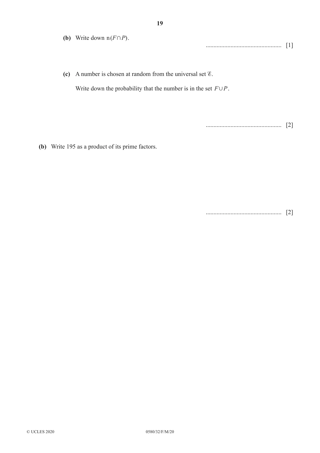 Cambridge IGCSE Mathematics 0580 2020 Feb/March Paper 3 · Variant 2 question paper, page 19 of 20
