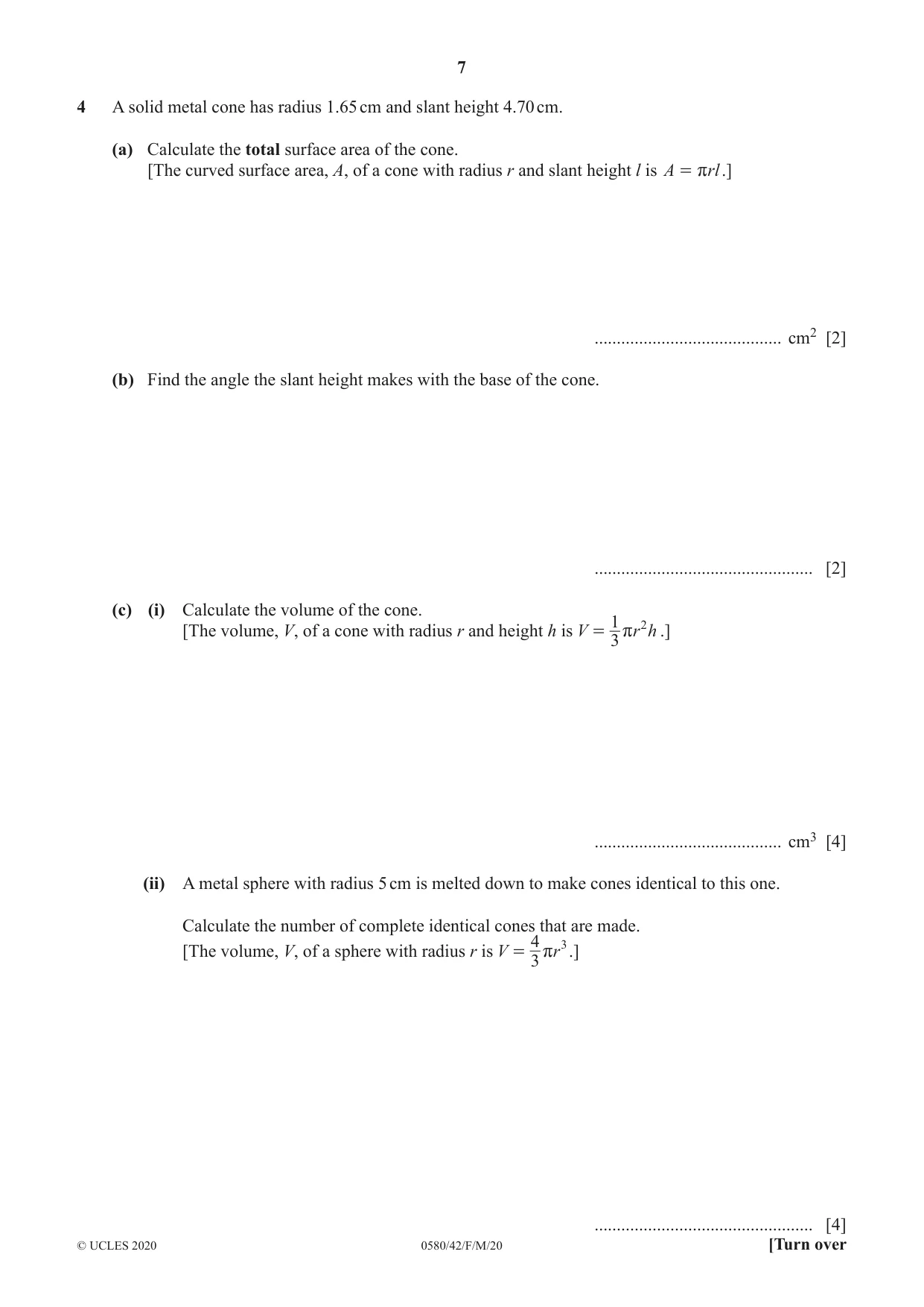 Cambridge IGCSE Mathematics 0580 2020 Feb/March Paper 4 · Variant 2 question paper, page 7 of 20