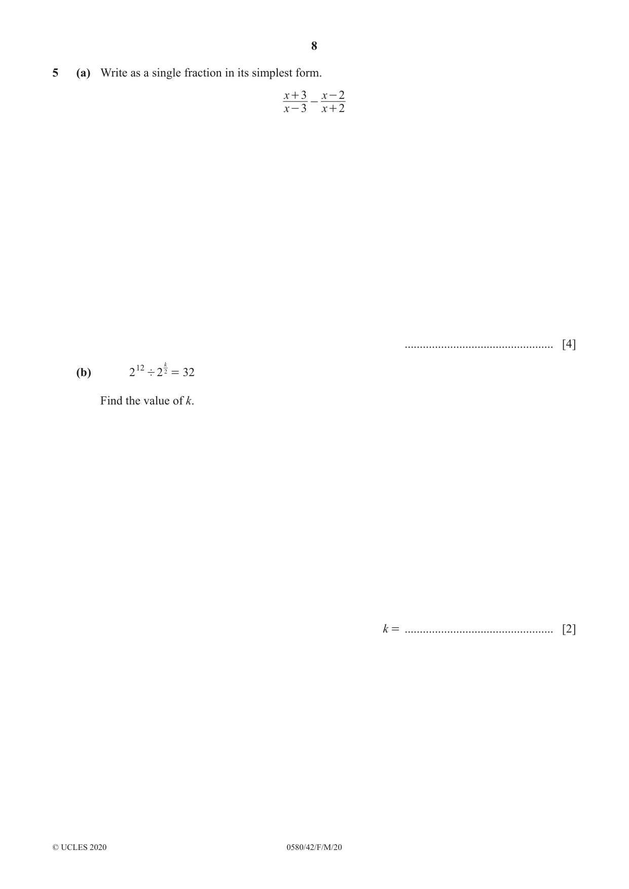Cambridge IGCSE Mathematics 0580 2020 Feb/March Paper 4 · Variant 2 question paper, page 8 of 20