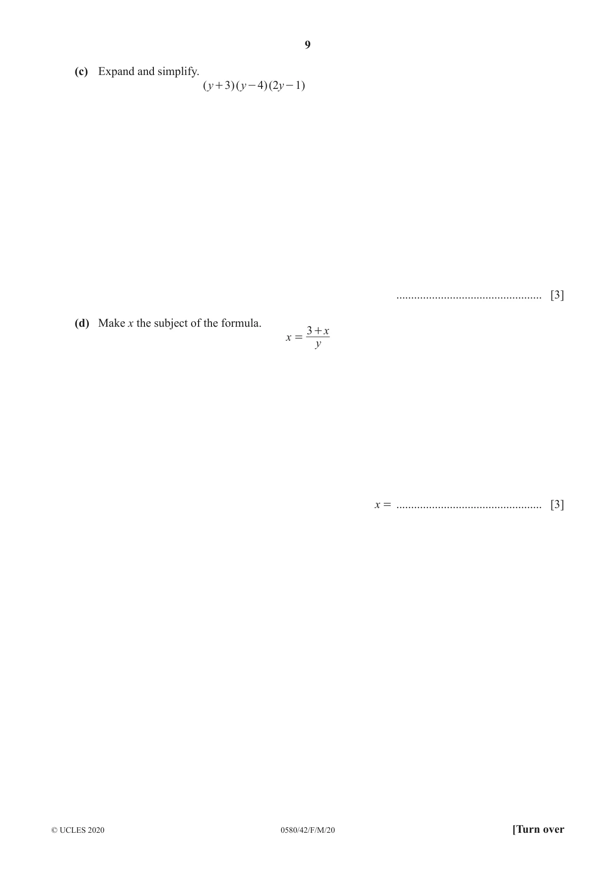 Cambridge IGCSE Mathematics 0580 2020 Feb/March Paper 4 · Variant 2 question paper, page 9 of 20