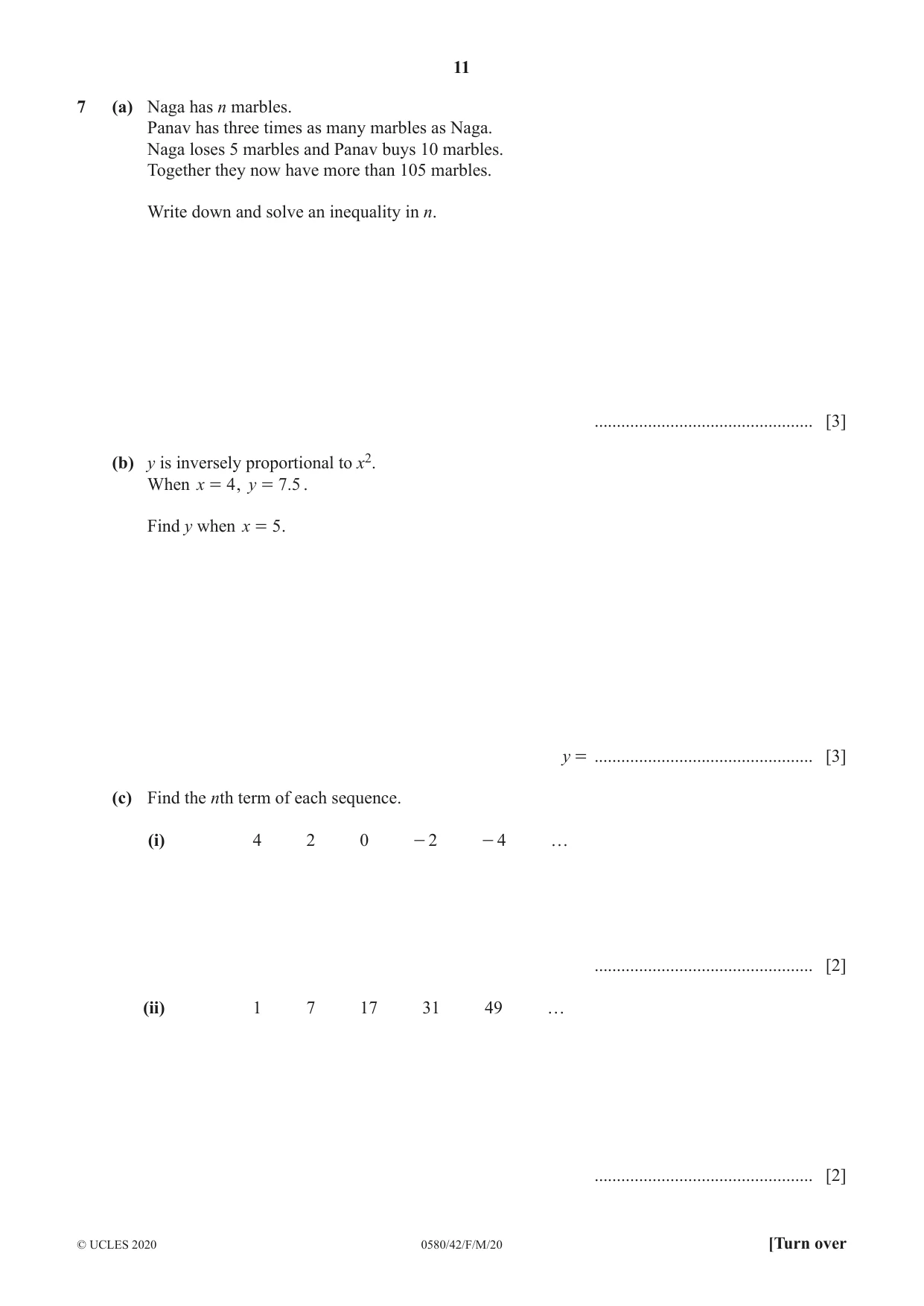 Cambridge IGCSE Mathematics 0580 2020 Feb/March Paper 4 · Variant 2 question paper, page 11 of 20