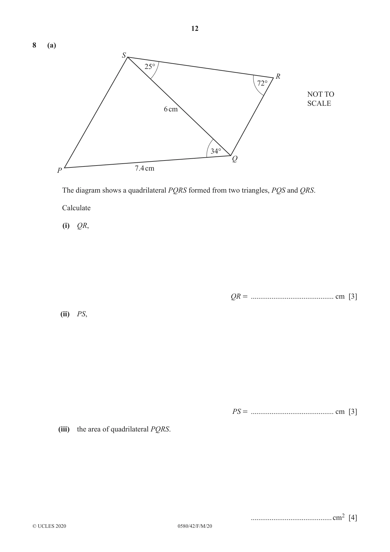 Cambridge IGCSE Mathematics 0580 2020 Feb/March Paper 4 · Variant 2 question paper, page 12 of 20