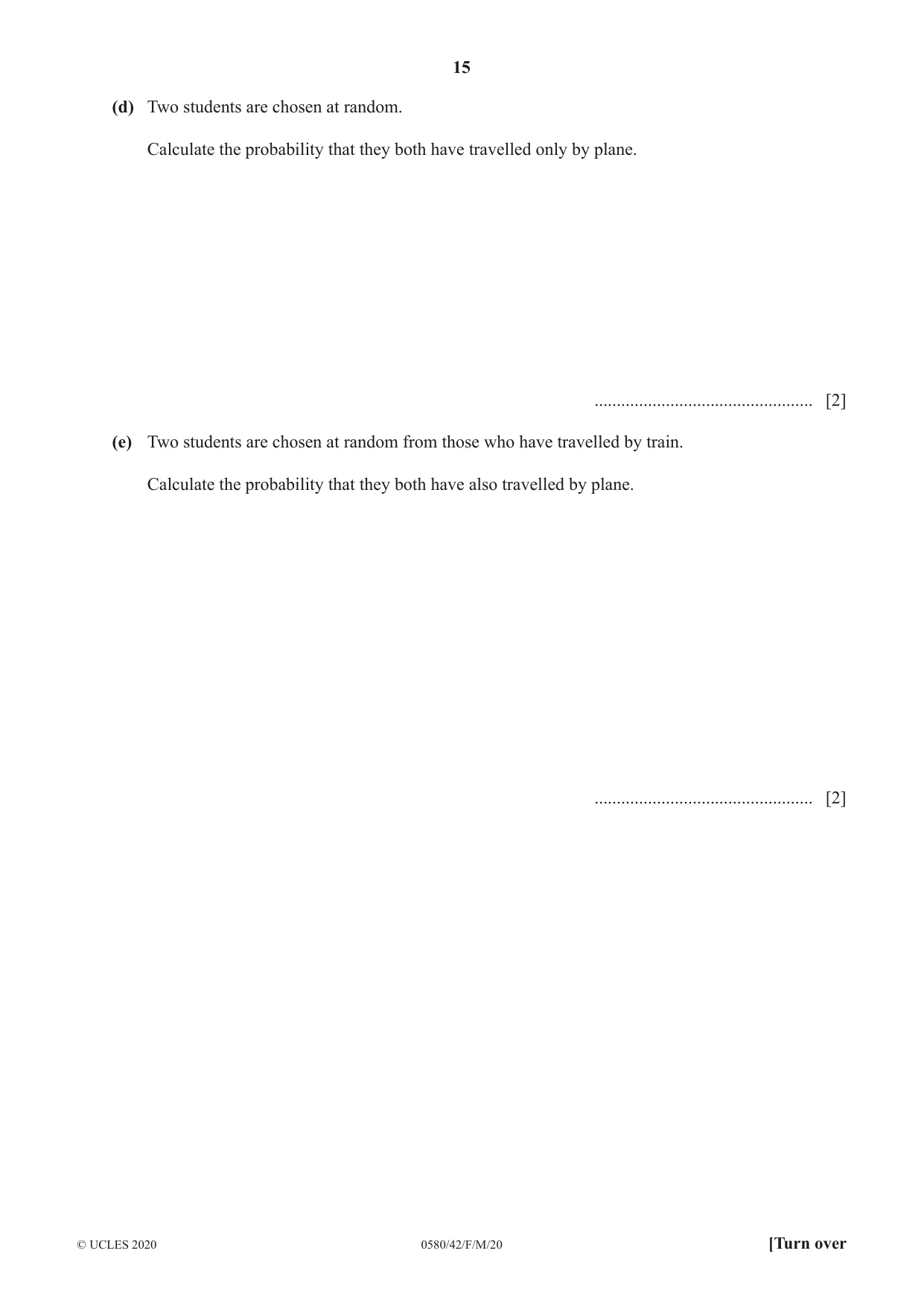 Cambridge IGCSE Mathematics 0580 2020 Feb/March Paper 4 · Variant 2 question paper, page 15 of 20