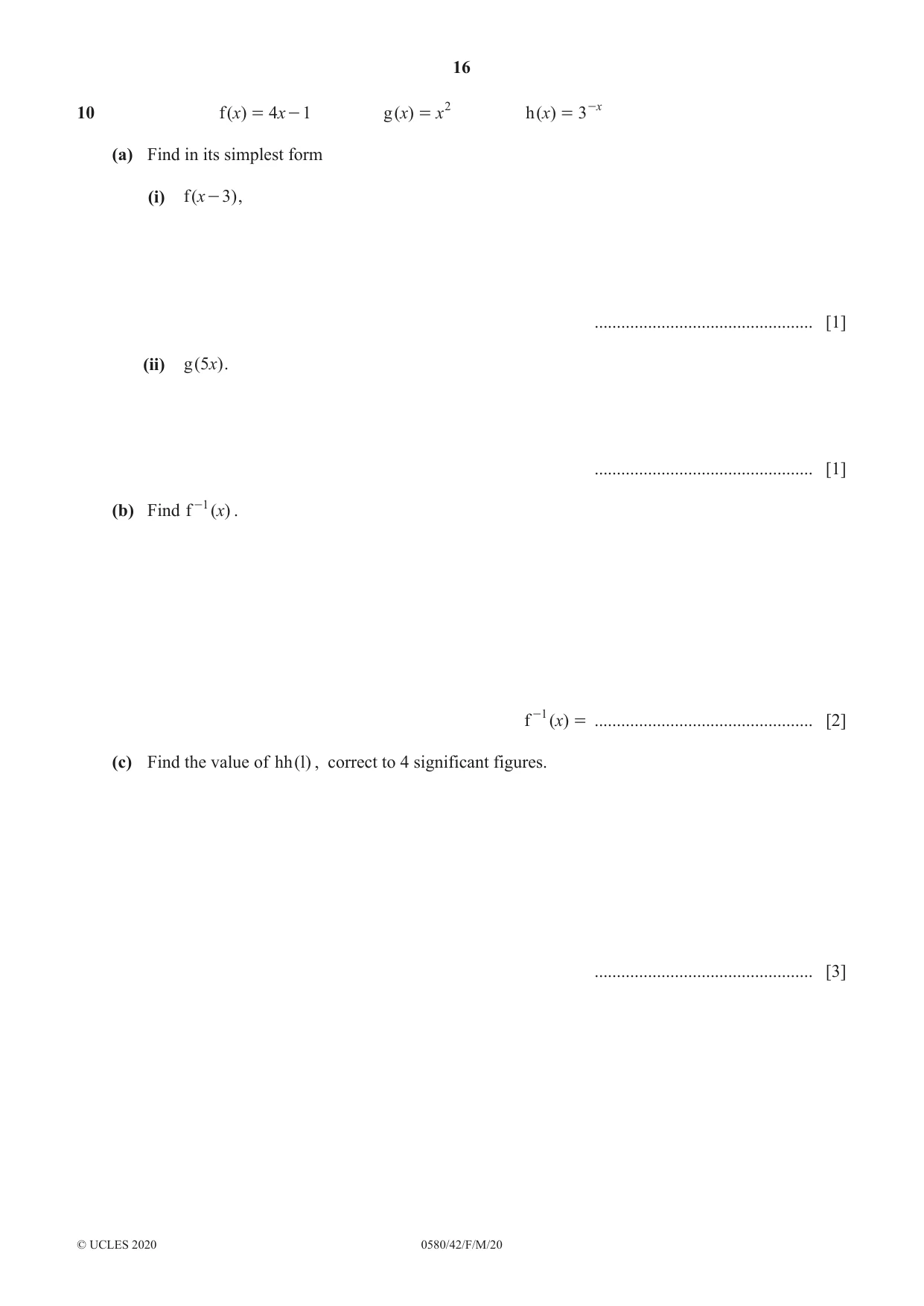 Cambridge IGCSE Mathematics 0580 2020 Feb/March Paper 4 · Variant 2 question paper, page 16 of 20