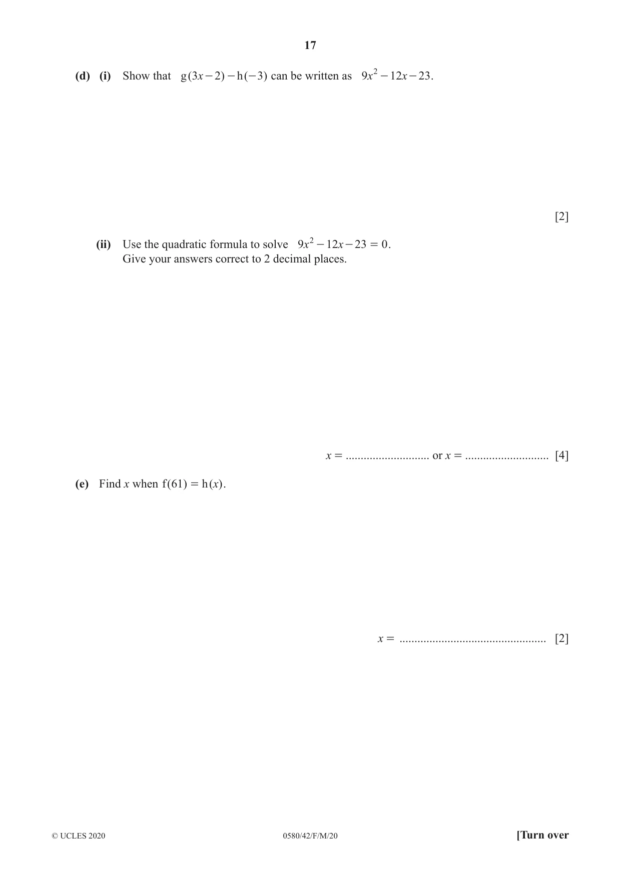 Cambridge IGCSE Mathematics 0580 2020 Feb/March Paper 4 · Variant 2 question paper, page 17 of 20