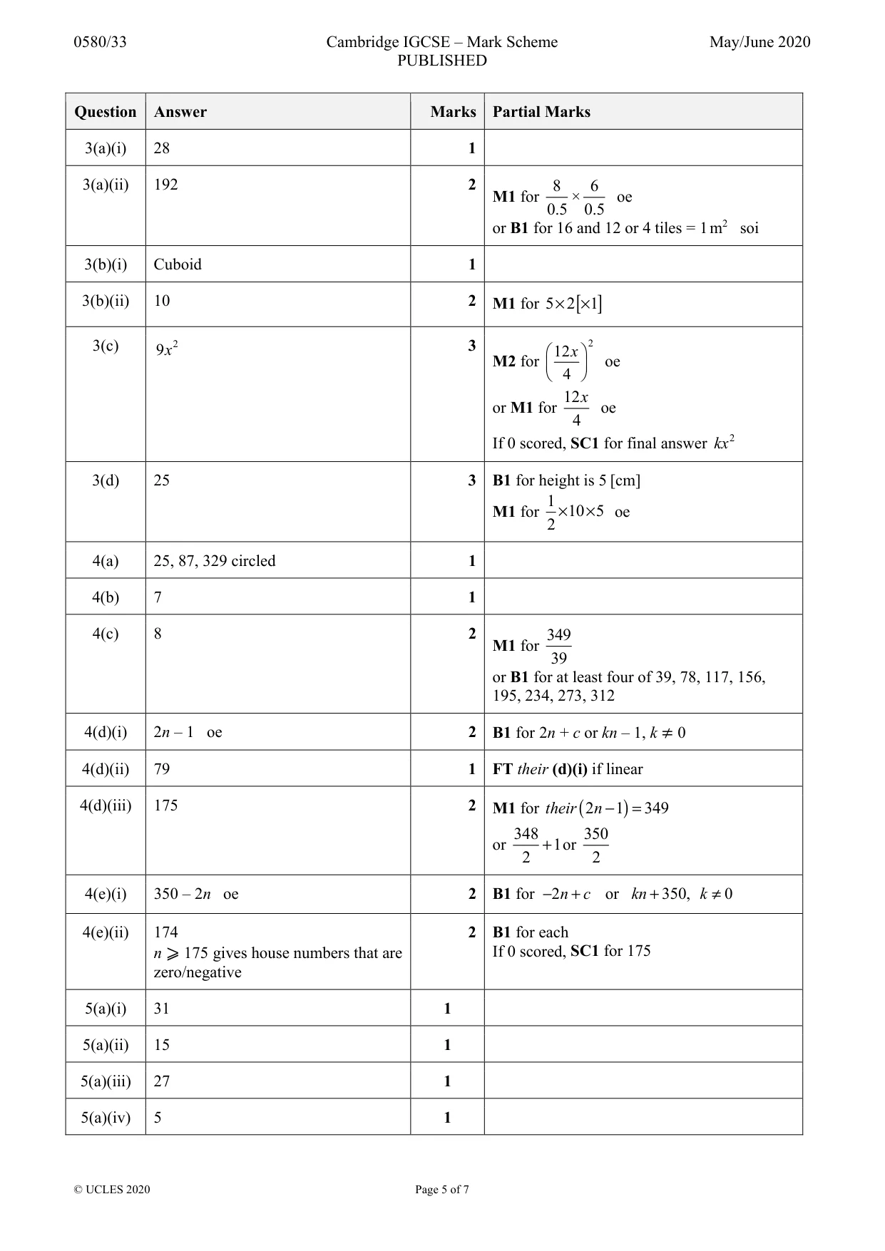 Mark scheme, page 5 of 7