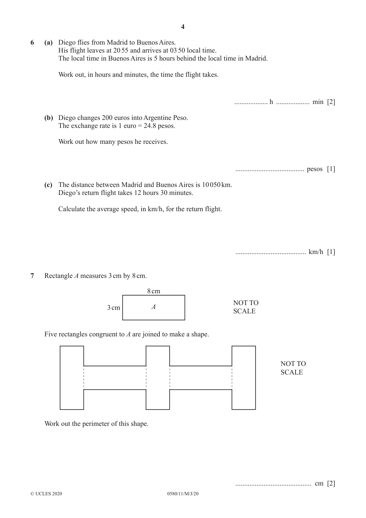 Cambridge IGCSE Mathematics 0580 2020 May/June Paper 1 · Variant 1 question paper, page 4 of 12