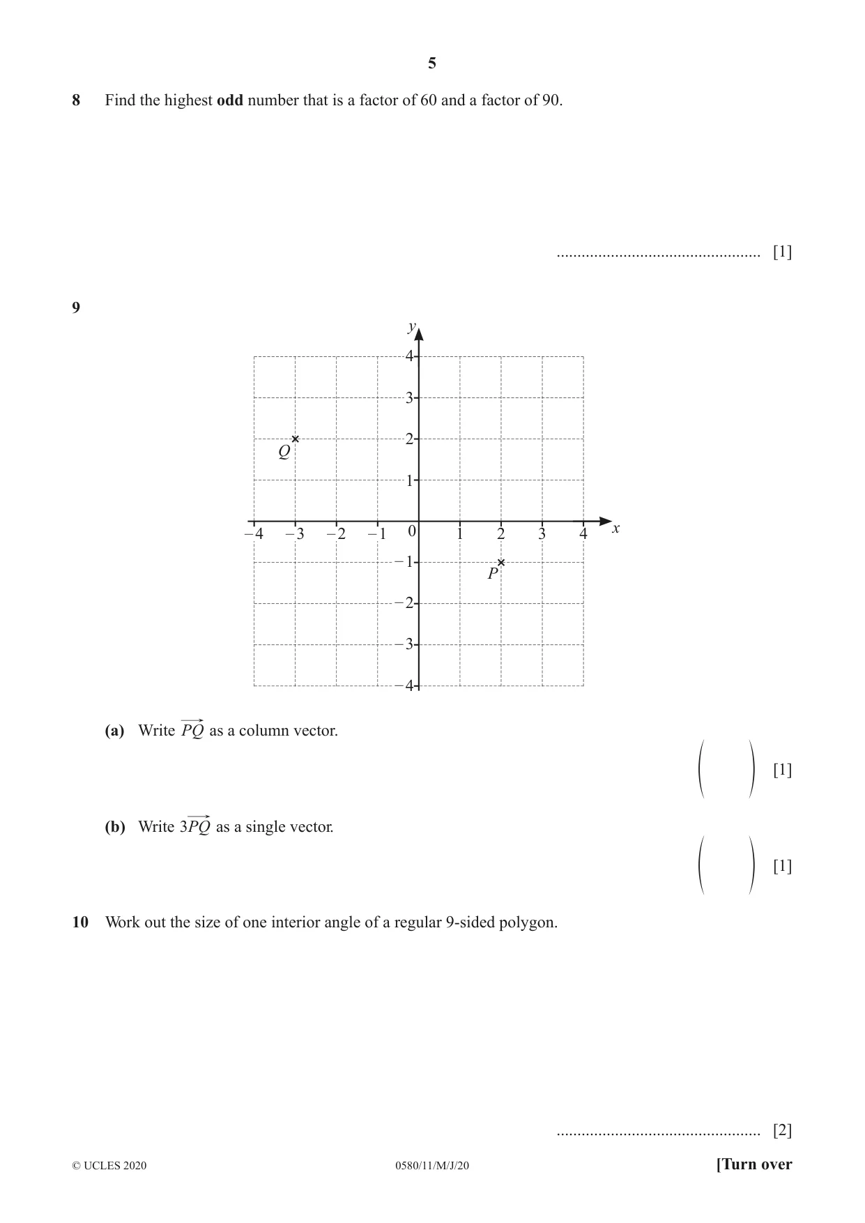 Cambridge IGCSE Mathematics 0580 2020 May/June Paper 1 · Variant 1 question paper, page 5 of 12
