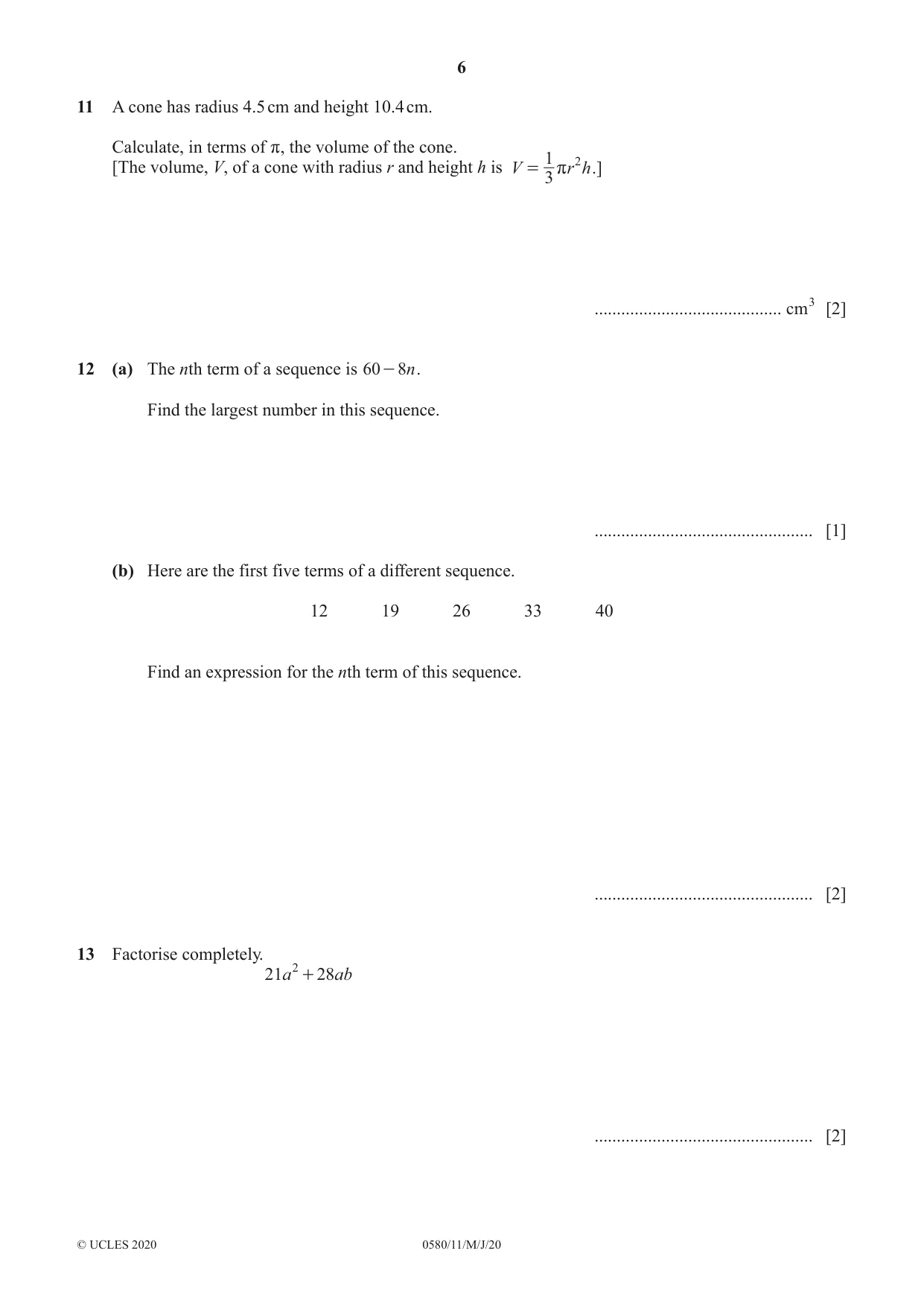 Cambridge IGCSE Mathematics 0580 2020 May/June Paper 1 · Variant 1 question paper, page 6 of 12