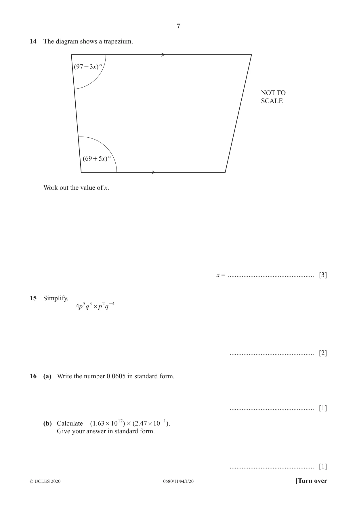 Cambridge IGCSE Mathematics 0580 2020 May/June Paper 1 · Variant 1 question paper, page 7 of 12
