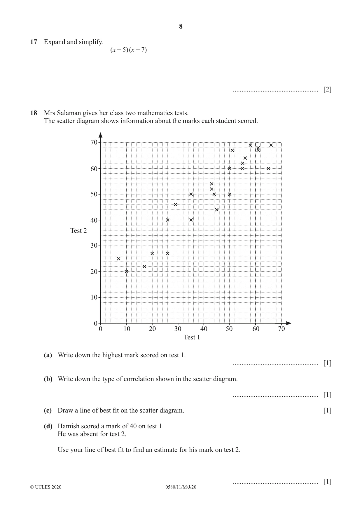 Cambridge IGCSE Mathematics 0580 2020 May/June Paper 1 · Variant 1 question paper, page 8 of 12
