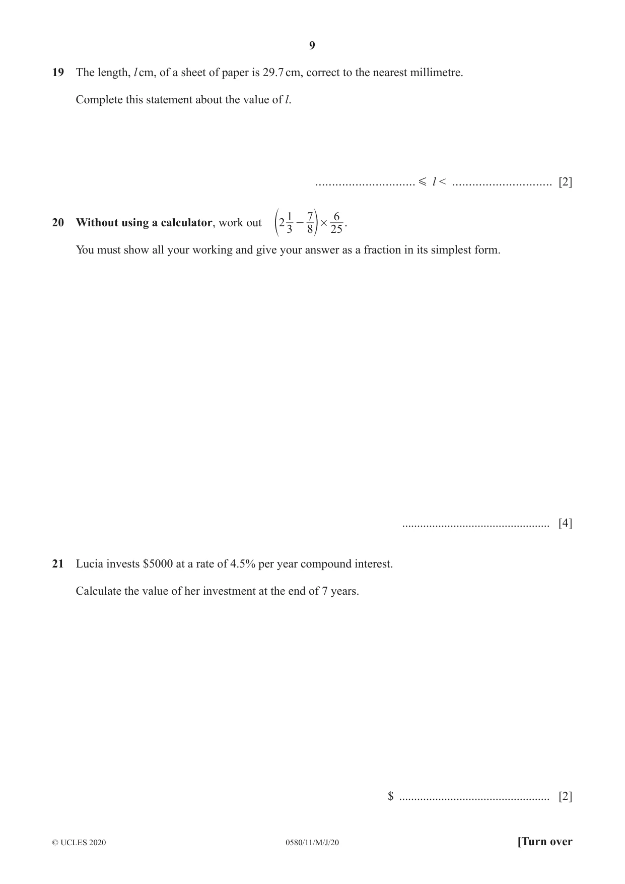 Cambridge IGCSE Mathematics 0580 2020 May/June Paper 1 · Variant 1 question paper, page 9 of 12