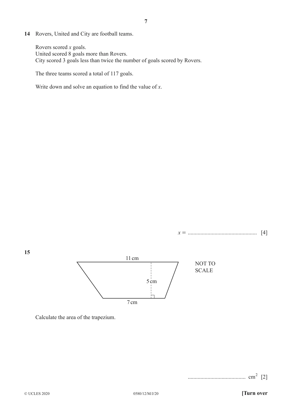 Cambridge IGCSE Mathematics 0580 2020 May/June Paper 1 · Variant 2 question paper, page 7 of 12