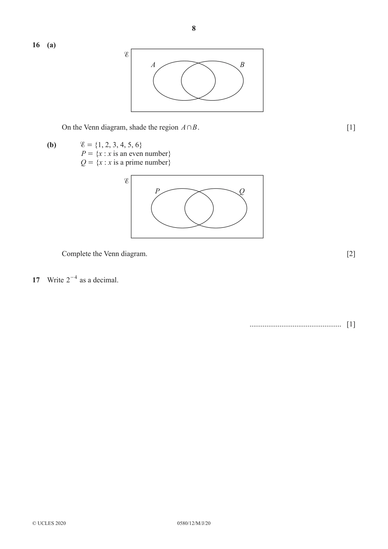 Cambridge IGCSE Mathematics 0580 2020 May/June Paper 1 · Variant 2 question paper, page 8 of 12
