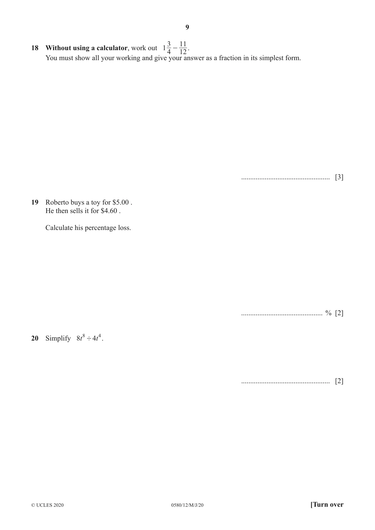 Cambridge IGCSE Mathematics 0580 2020 May/June Paper 1 · Variant 2 question paper, page 9 of 12