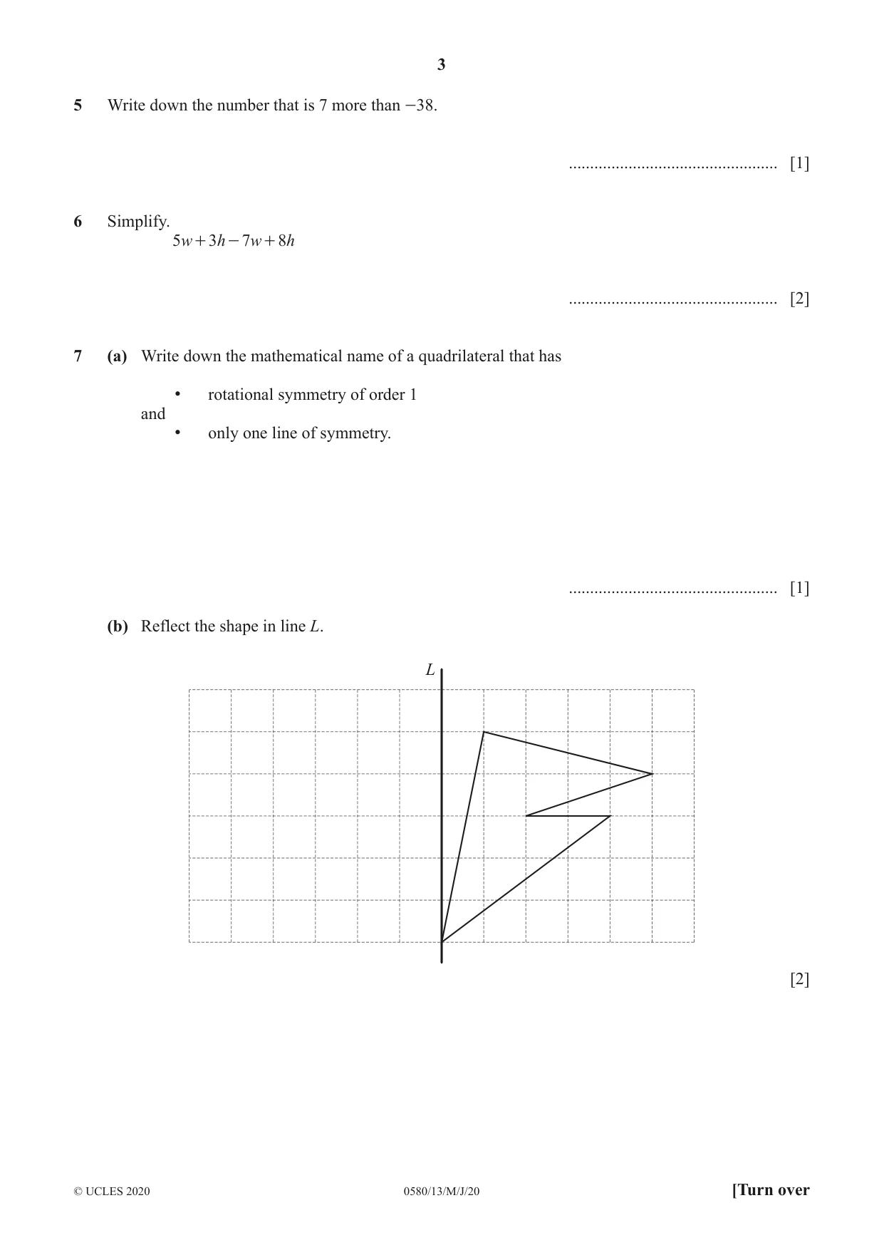 Cambridge IGCSE Mathematics 0580 2020 May/June Paper 1 · Variant 3 question paper, page 3 of 12
