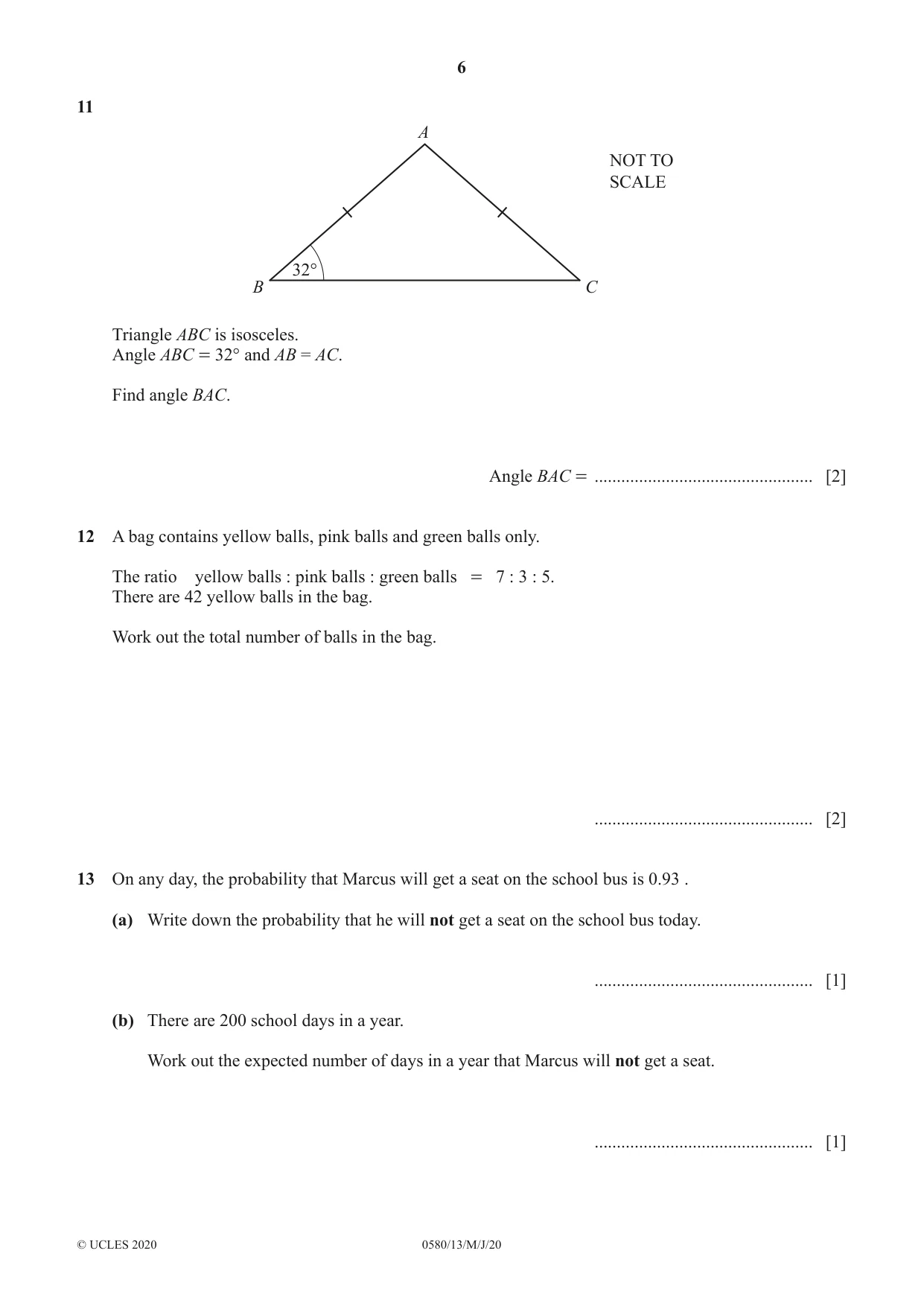 Cambridge IGCSE Mathematics 0580 2020 May/June Paper 1 · Variant 3 question paper, page 6 of 12