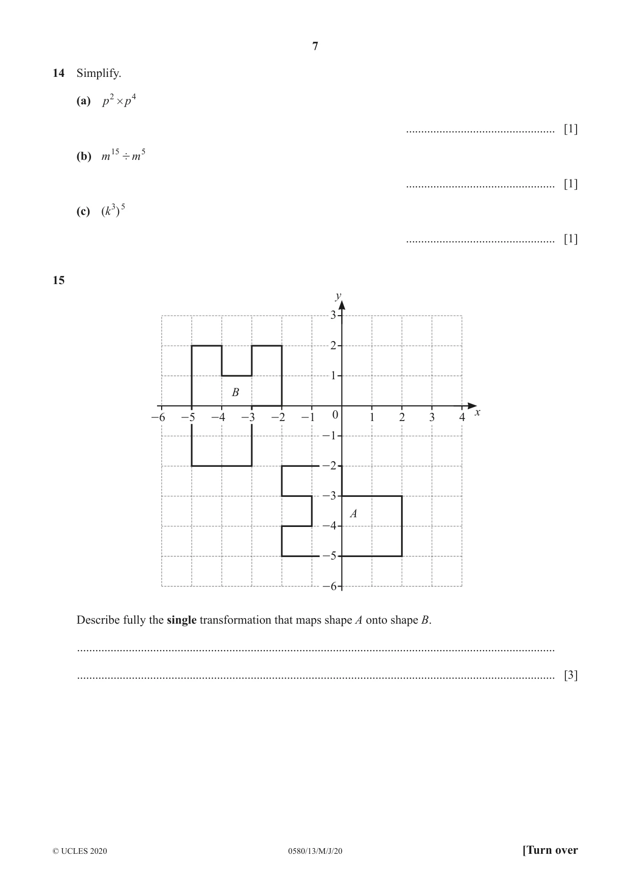 Cambridge IGCSE Mathematics 0580 2020 May/June Paper 1 · Variant 3 question paper, page 7 of 12