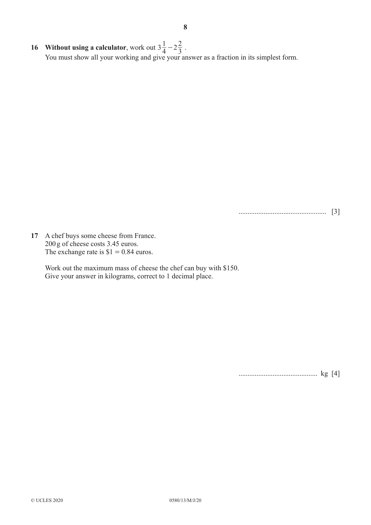 Cambridge IGCSE Mathematics 0580 2020 May/June Paper 1 · Variant 3 question paper, page 8 of 12