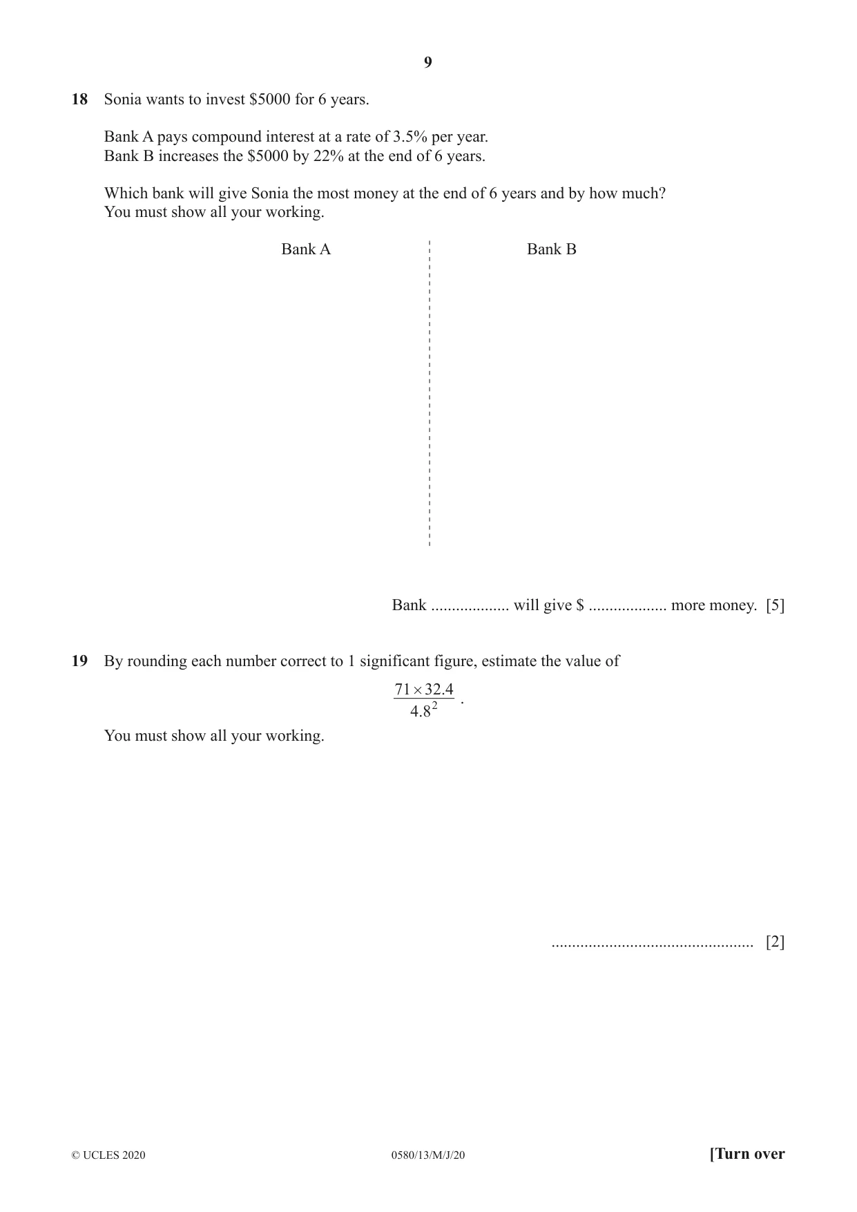 Cambridge IGCSE Mathematics 0580 2020 May/June Paper 1 · Variant 3 question paper, page 9 of 12