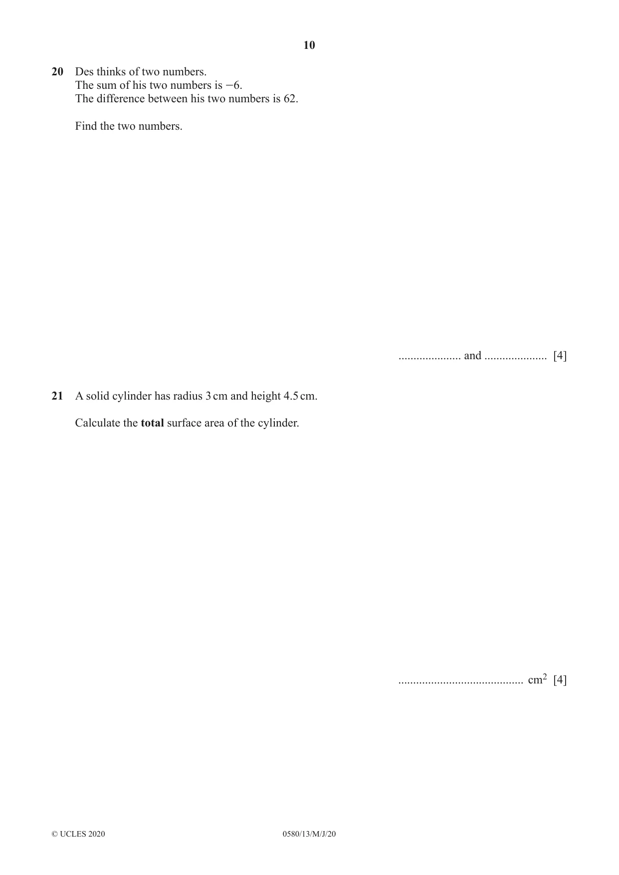 Cambridge IGCSE Mathematics 0580 2020 May/June Paper 1 · Variant 3 question paper, page 10 of 12