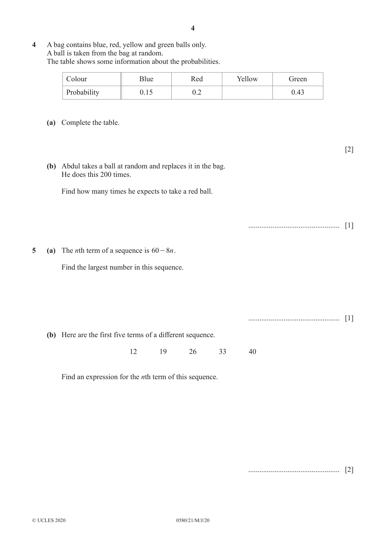 Cambridge IGCSE Mathematics 0580 2020 May/June Paper 2 · Variant 1 question paper, page 4 of 16